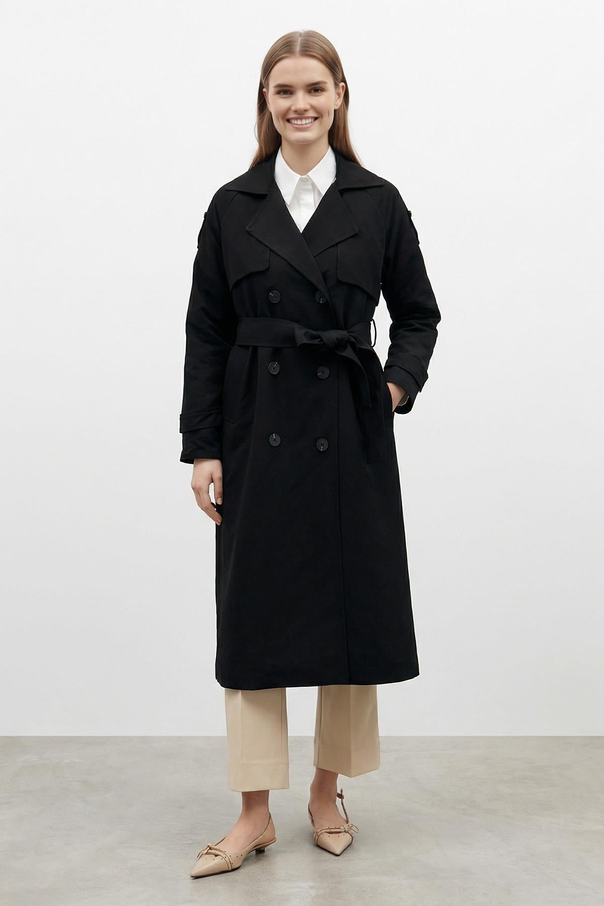 Kruvaze Kuşaklı Uzun Trençkot-20737 - BLACK