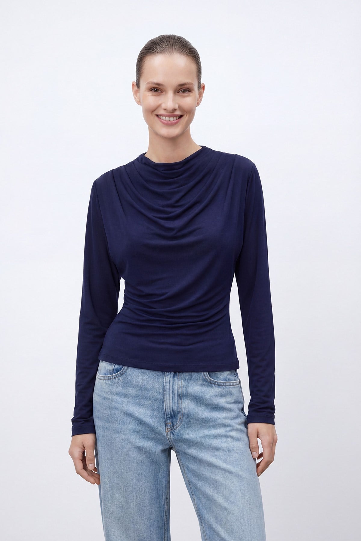 Kadın Modern Kesim Drapeli  Bluz -10785BLZ - Lacivert