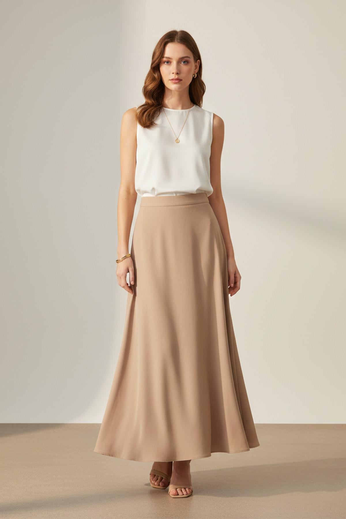 Kadın Yüksek Bel Uzun A Kesim Kumaş Etek -18291ETK - BEIGE