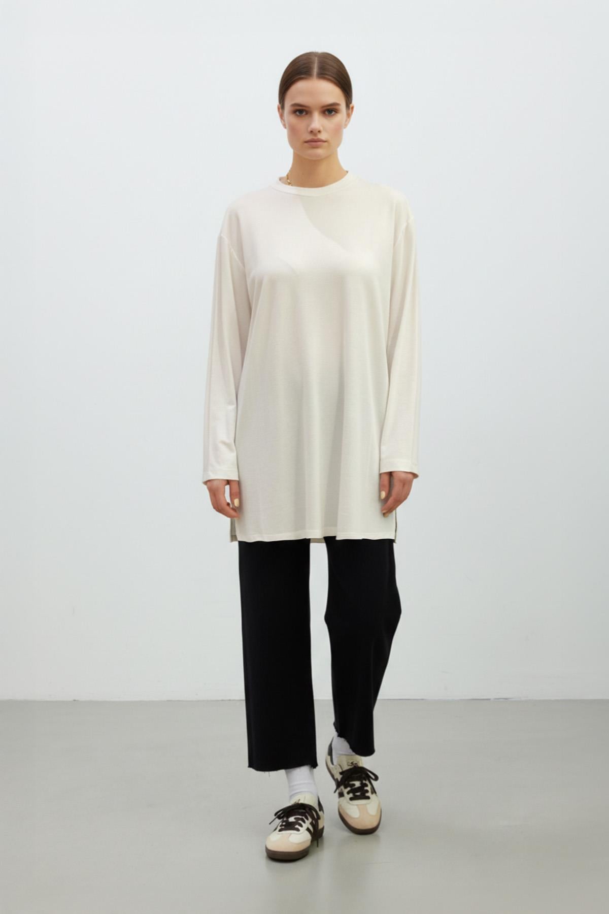 Kadın Basic Uzun Kollu Salaş Tunik-40017 - ECRU