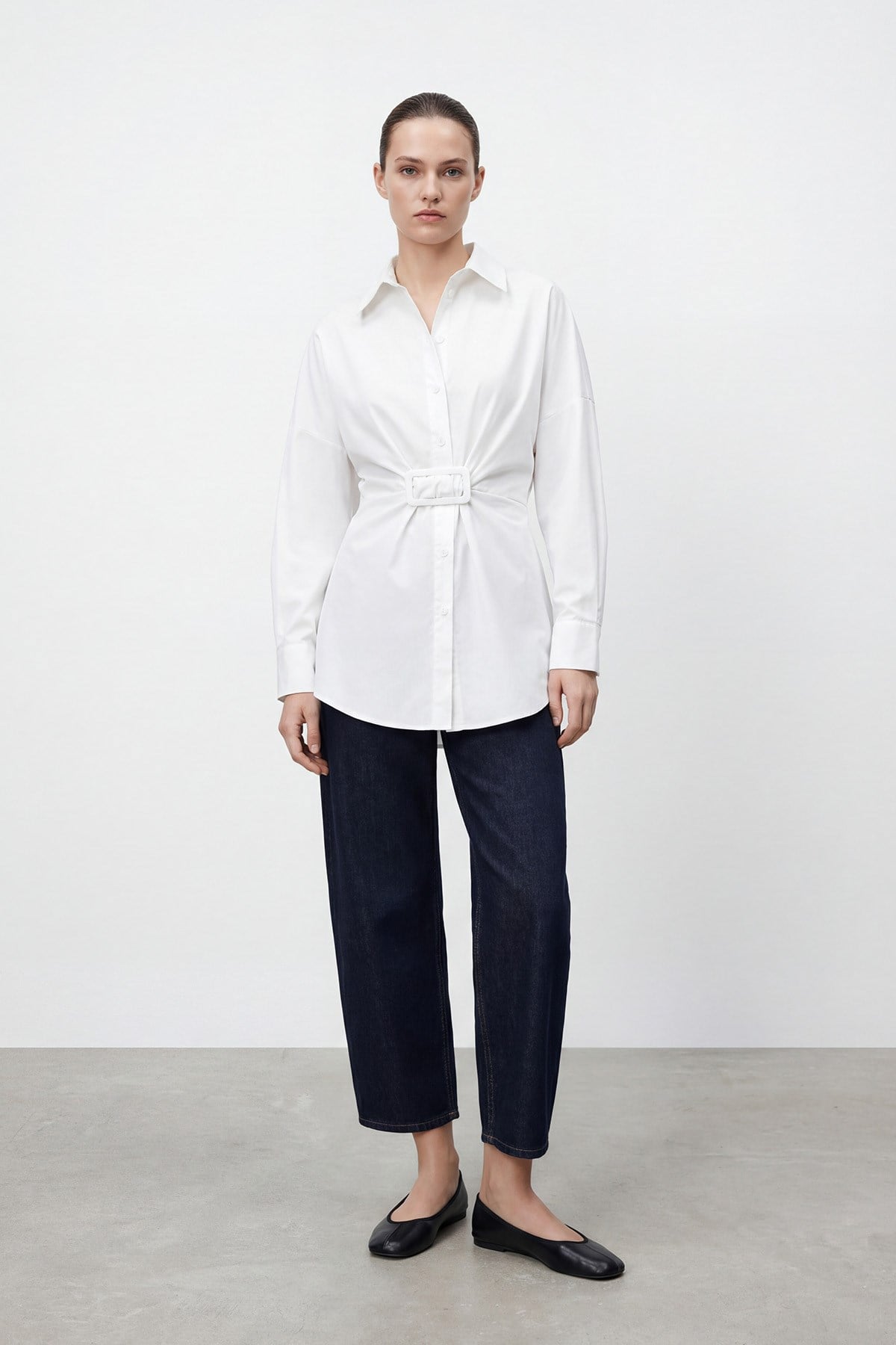 Kadın Kemer Detaylı  Kuşaklı Gömlek  – 20761GML - ECRU