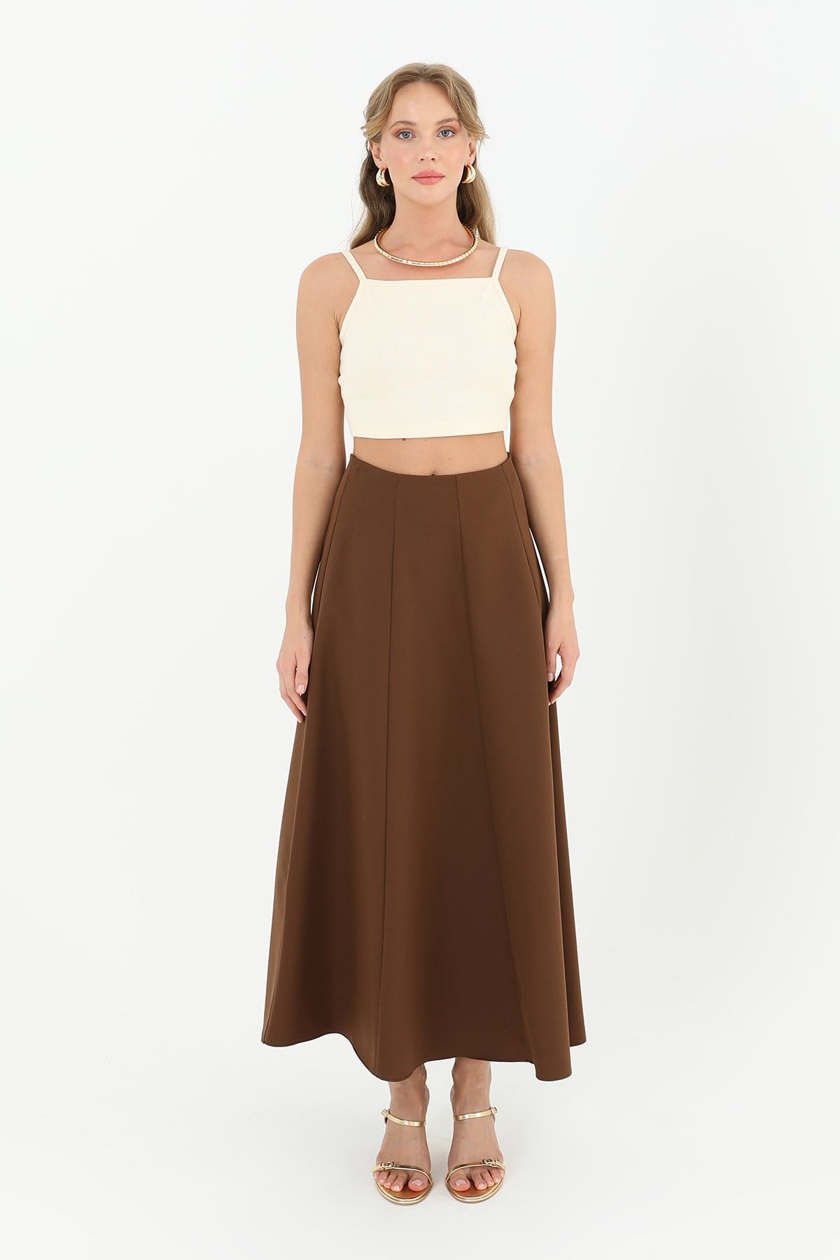 Kadın Parçalı Kloş Etek  - 18202ETK - BROWN