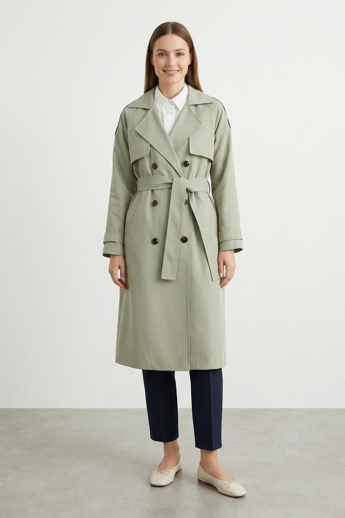 Kruvaze Kuşaklı Uzun Trençkot-20737 - MINT