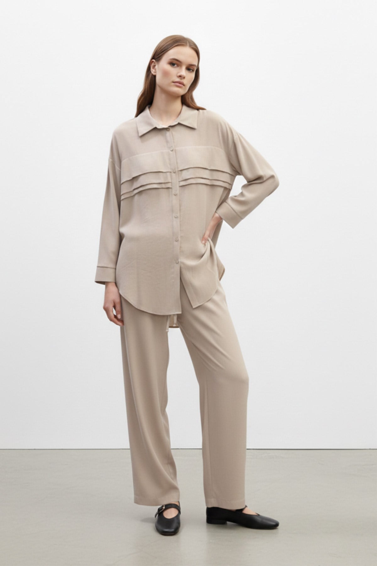 Kadın Pile Detaylı   Fit Takım -14423TKS - MINK