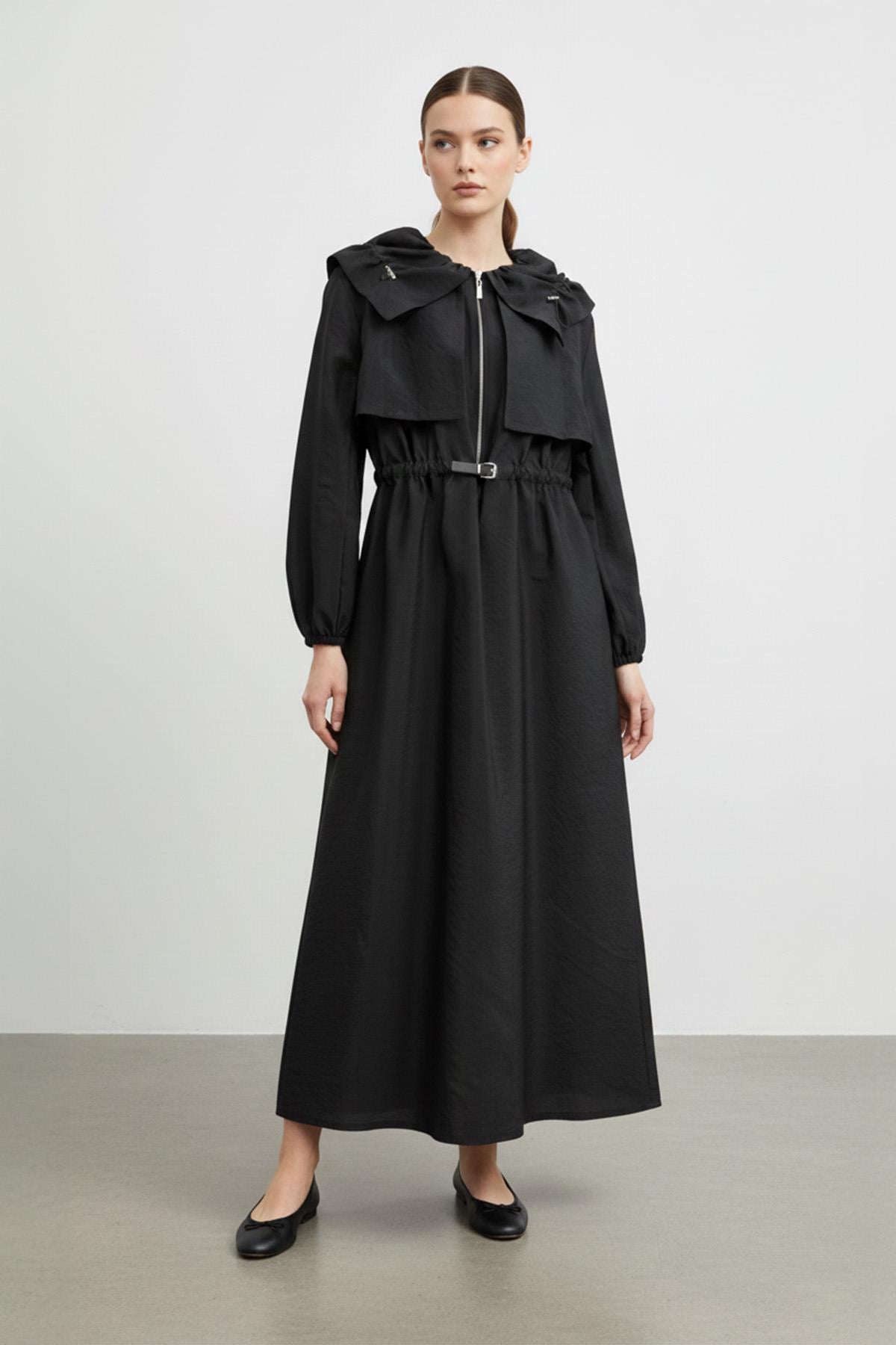 Kadın Fermuarlı Belden Kemerli Uzun Elbise-32451 - BLACK