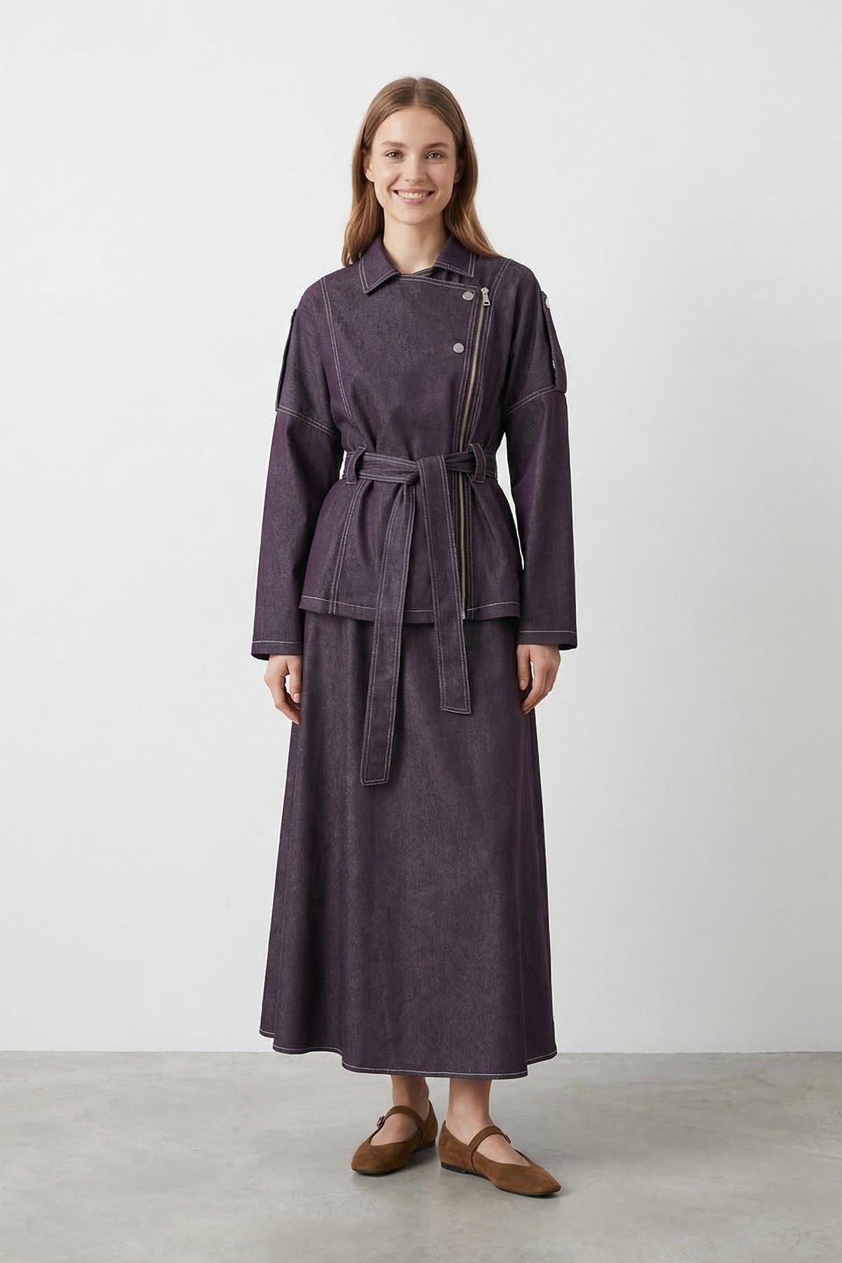 Kadın Fermaur Detaylı Kuşaklı Denim Takım– 20775TKS - DAMSON