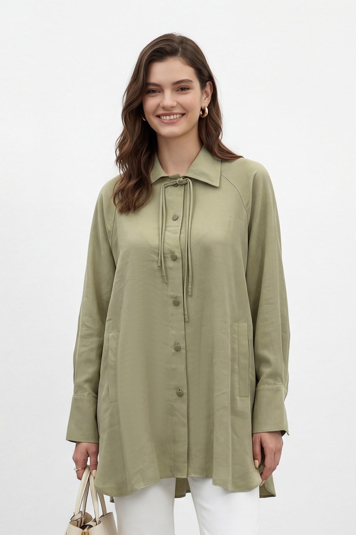 Kadın Gömlek Yaka Önden Düğmeli ve Bağcık Detaylı Gömlek -10772GML - ALMOND GREEN