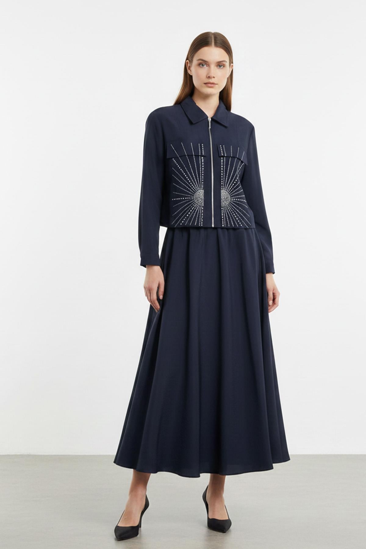 Kadın Fermuarlı Yaka Taş Detaylı İkili Takım-14437TKS - NAVY