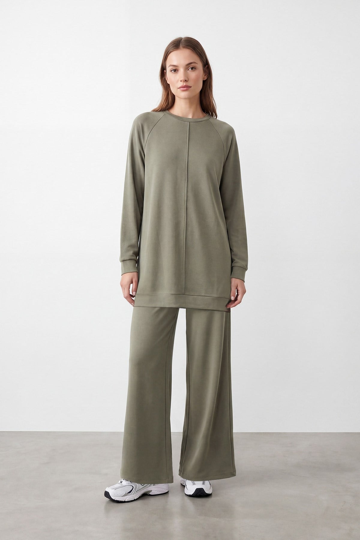 Kadın Bisiklet Yaka Rahat Kesim Tunik Pantolon Takım – 14426TKS - KHAKI