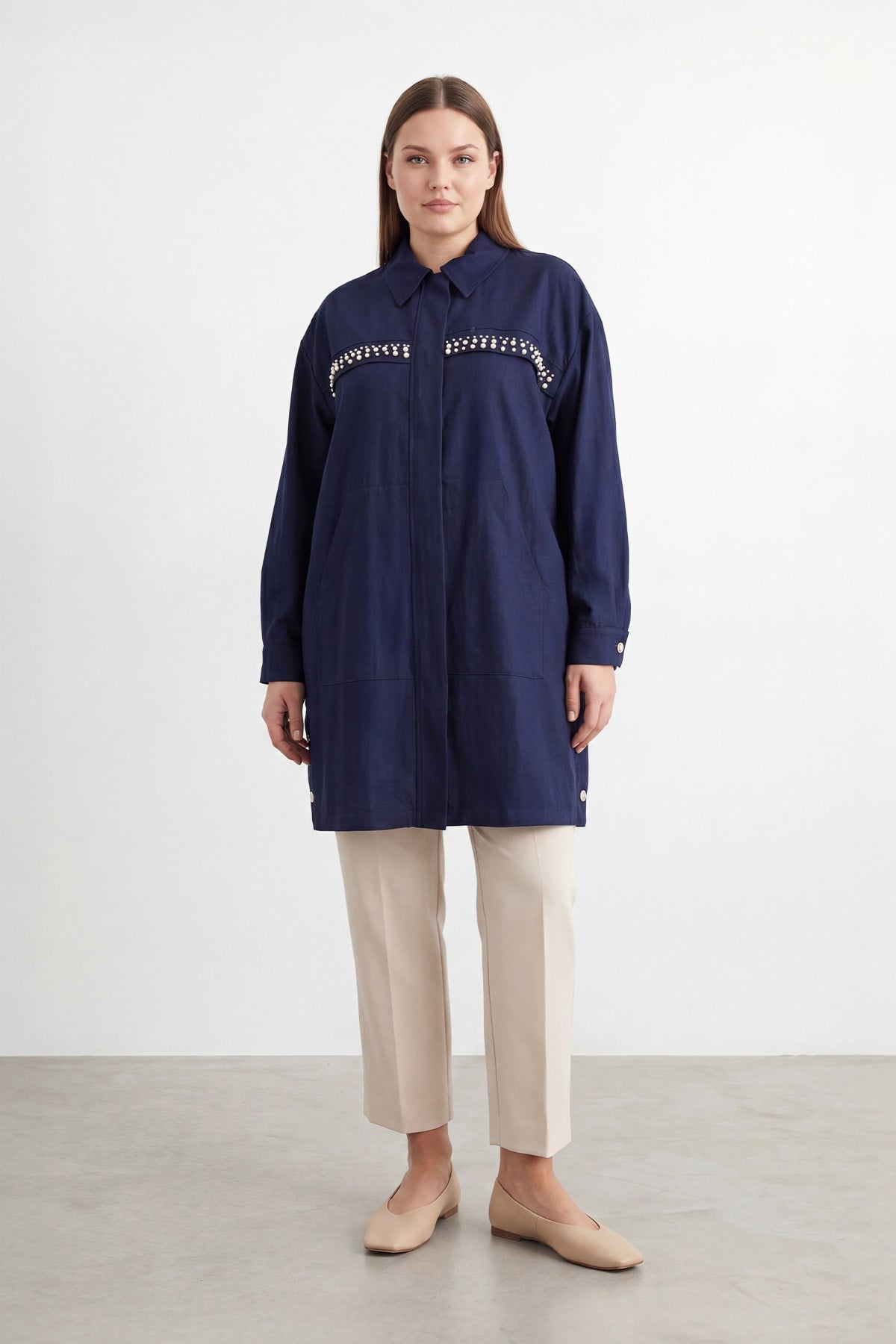 Kadın Taş Detaylı Büyük Beden Uzun Üst - 19263JCK - NAVY