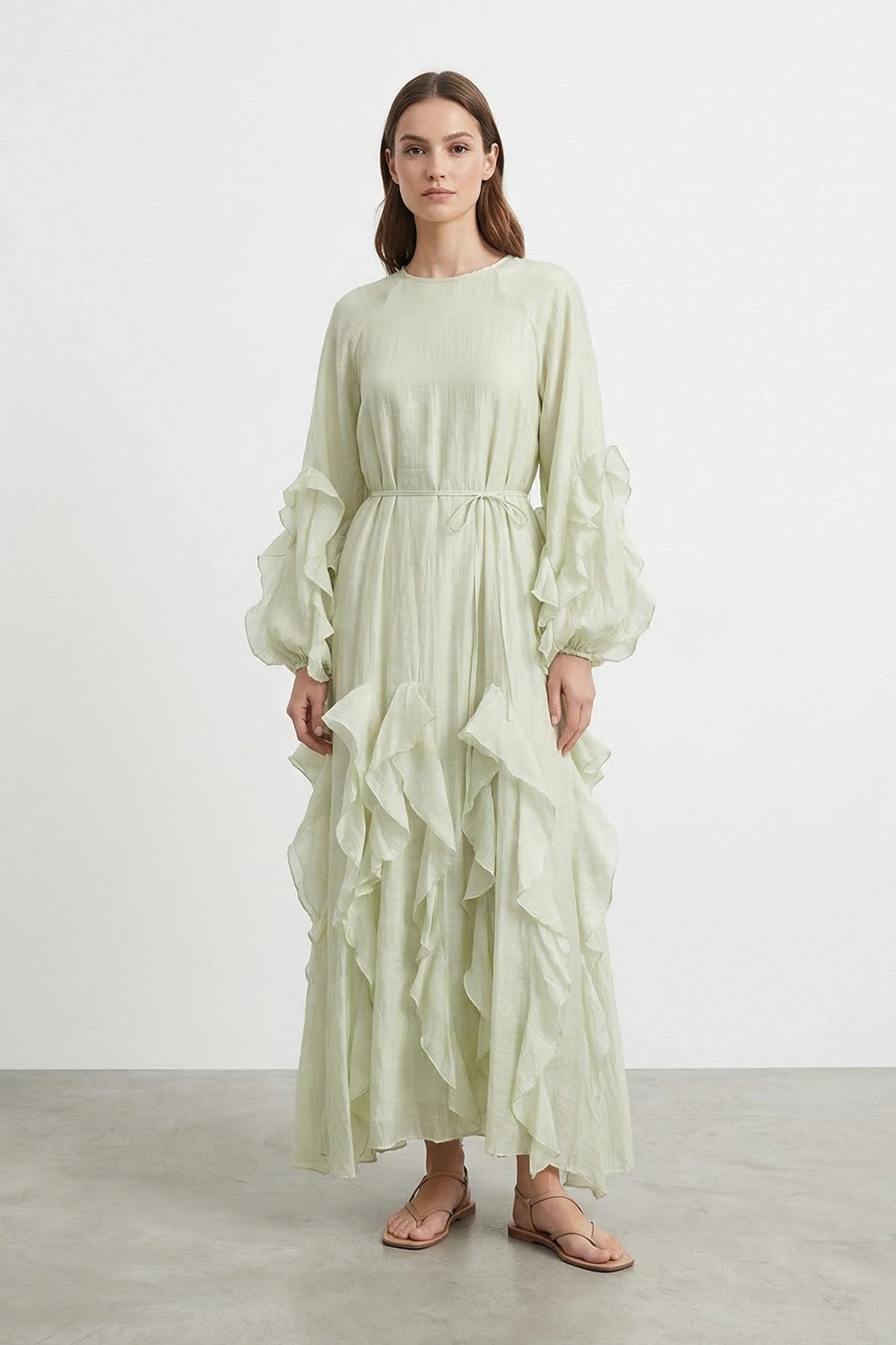 Kadın Volan Detaylı Kuşaklı Uzun Elbise-12693Elb - ALMOND GREEN