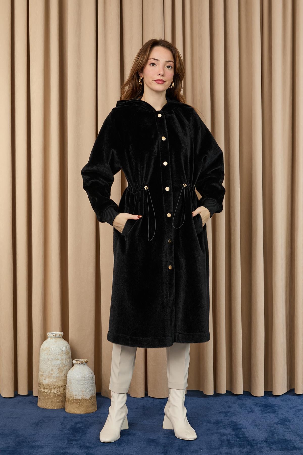 Kadın Beli Tünelli Kapüşonlu Uzun Fox Kaban - 15234KBN - BLACK