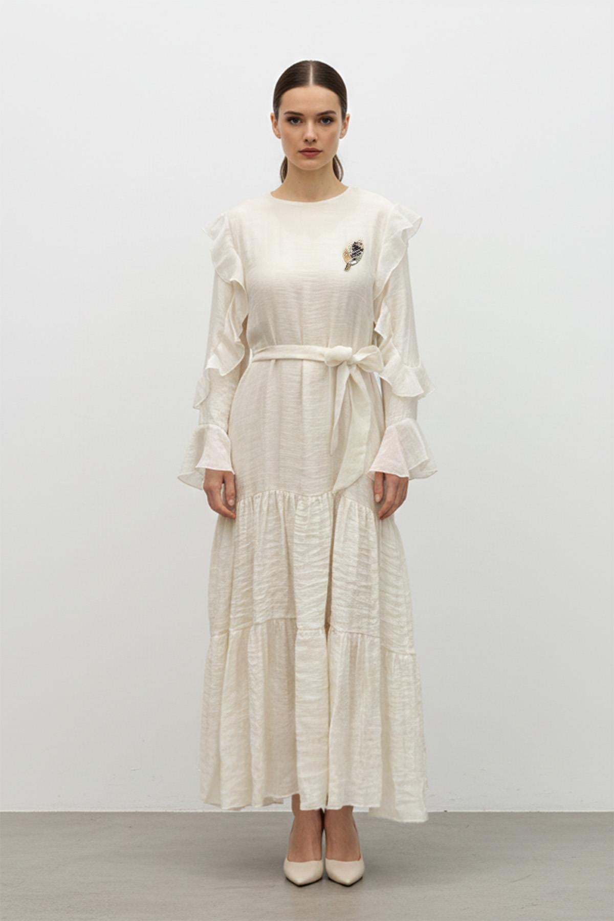 Fırfır Kollu Kuşaklı Kat Kat Uzun Elbise-12673 - BEIGE