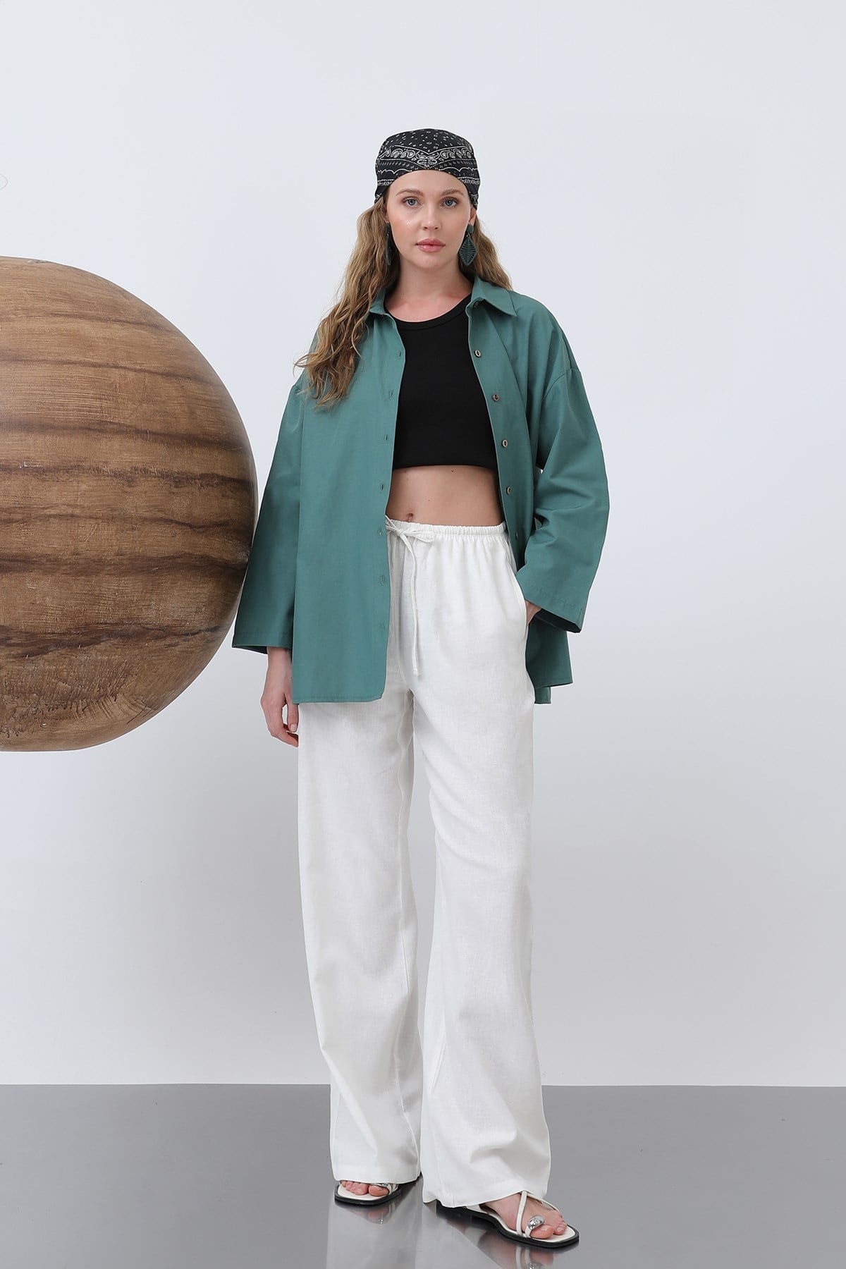 Kadın Kol Detaylı Basic Gömlek - 20655GML - GREEN