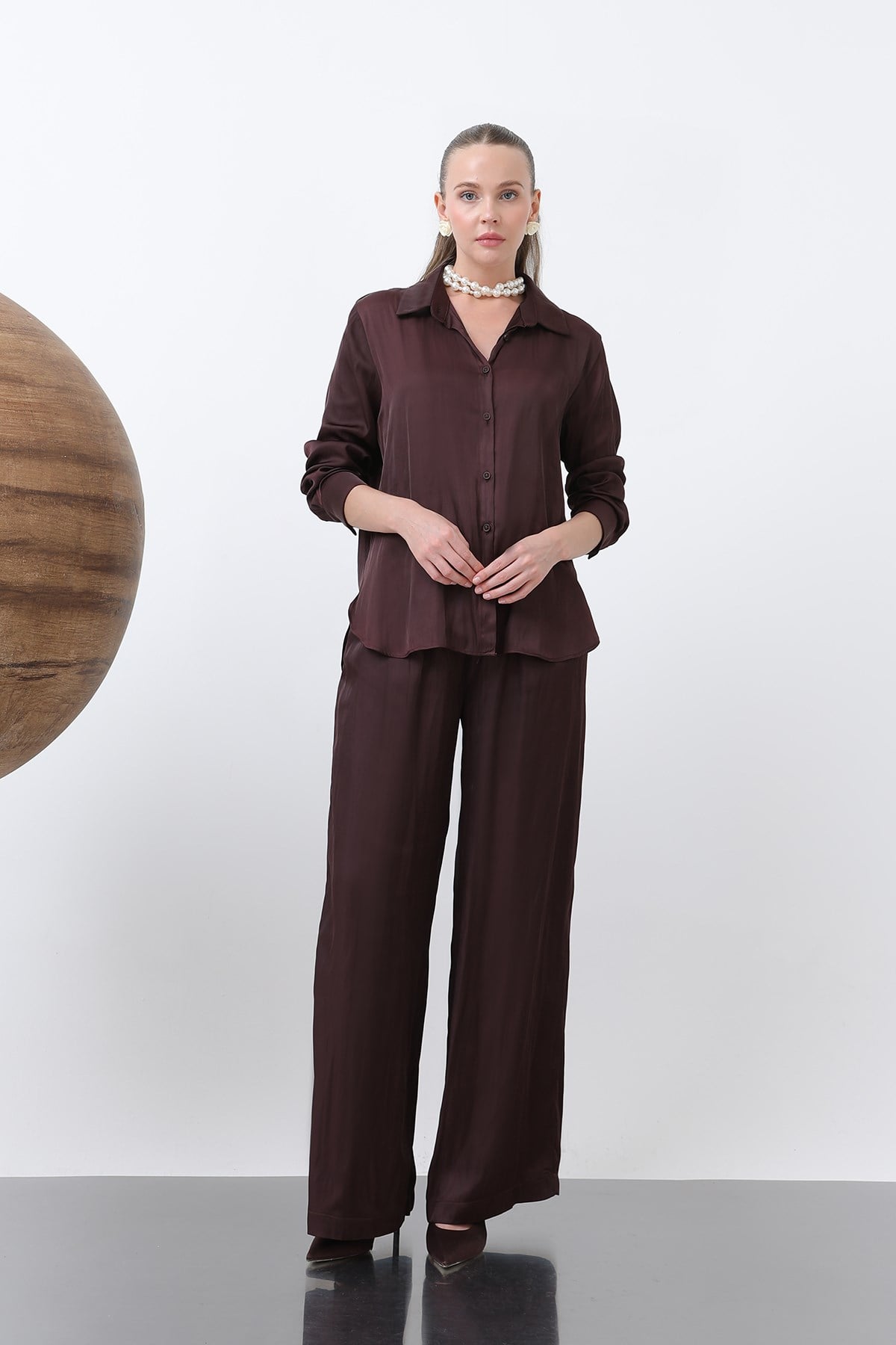 Kadın Saten Belden Bağlamalı Pantalon - 32259PNT - BURGUNDY