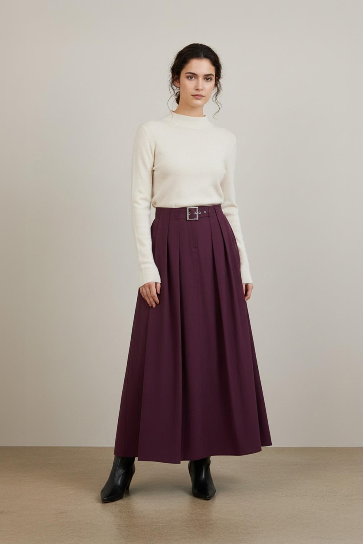 Kadın Pileli Kemerli Etek - 20702ETK - BURGUNDY