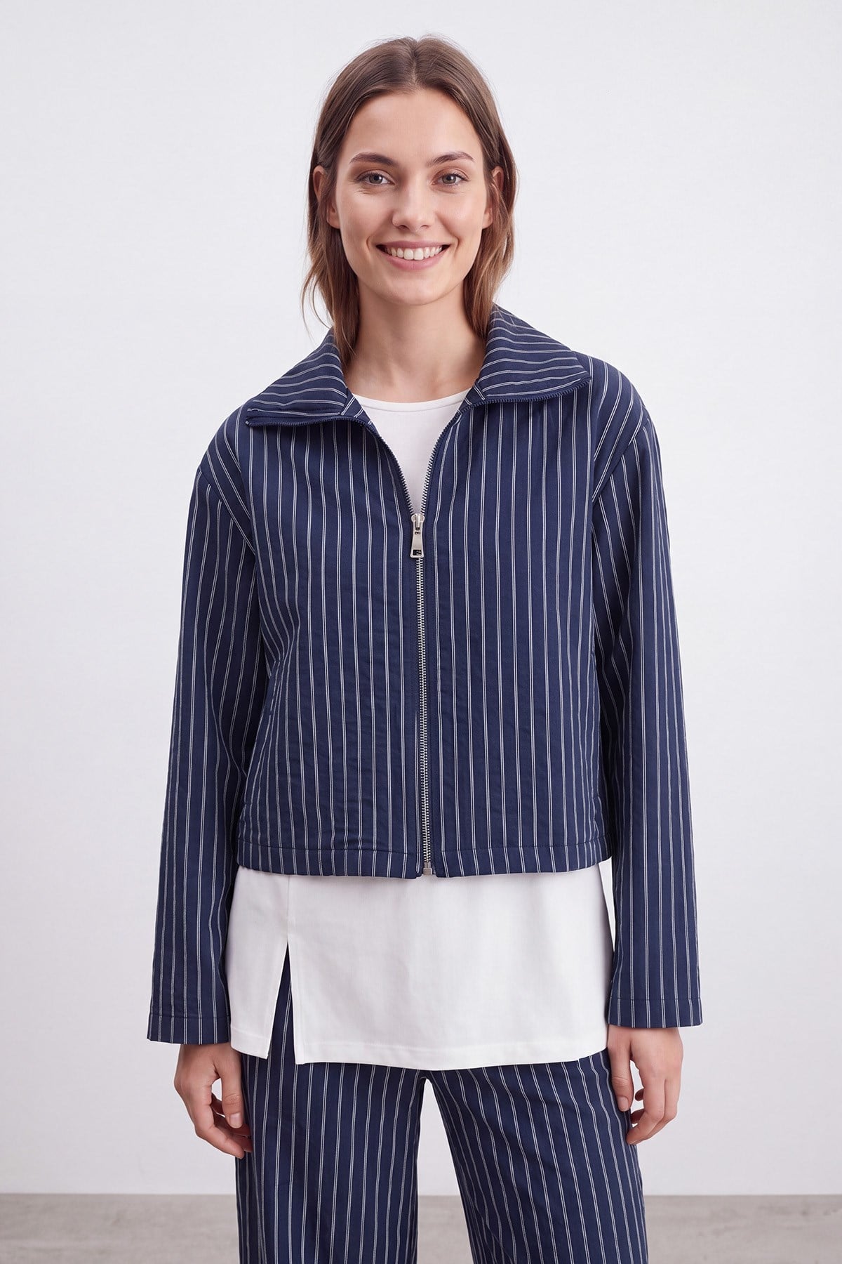 Kadın Fermuar Yaka Çizgili Basic Takım -32523TKS - NAVY-ECRU