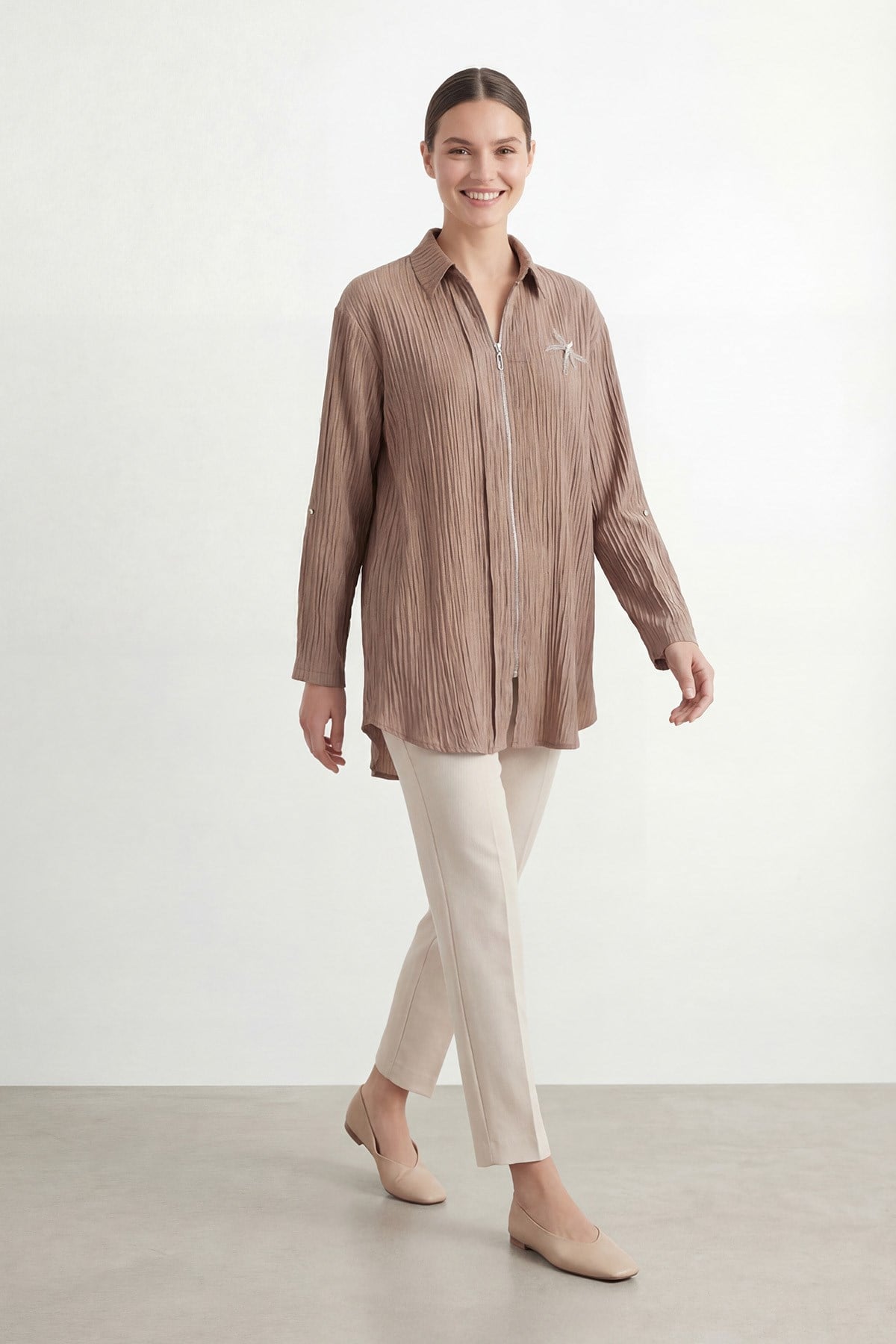 Kadın Pile Detaylı fermuarlı Tunik– 10775GML - MINK