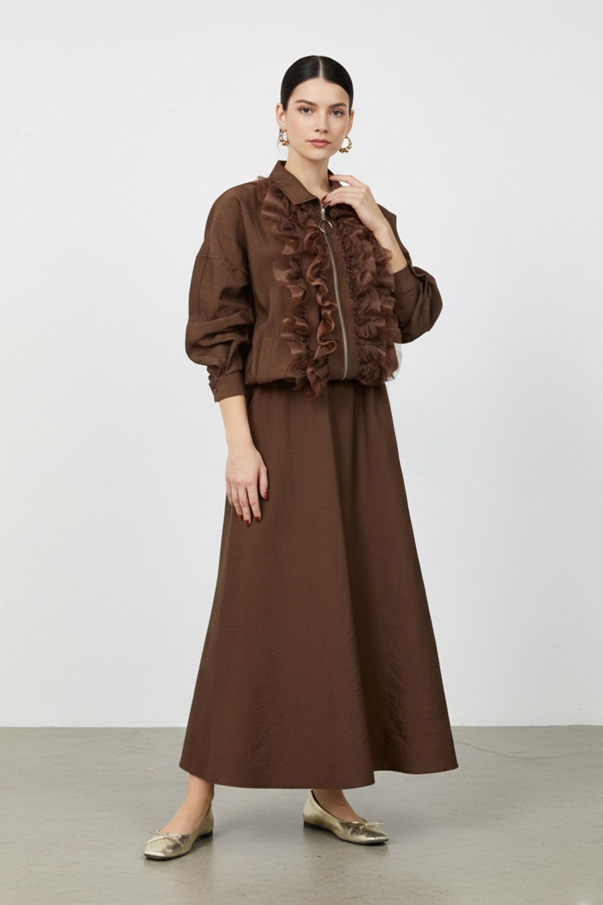 Kadın Fırfır ve Dantel Detaylı Fermuarlı Ceket Takım - 20707TKM - BROWN