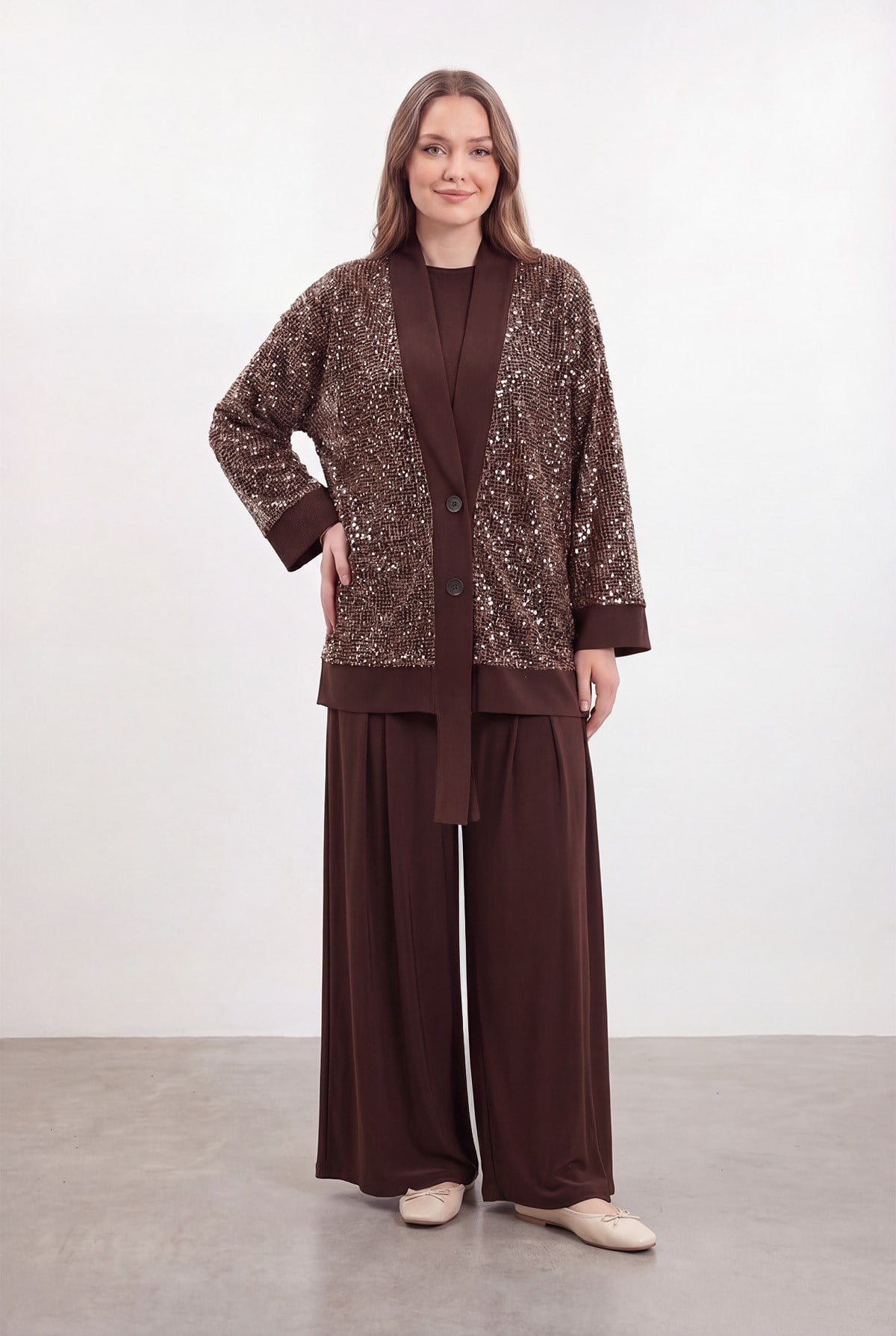 Kadın Payet Detaylı Şık Üçlü Takım -14483PNT - BROWN