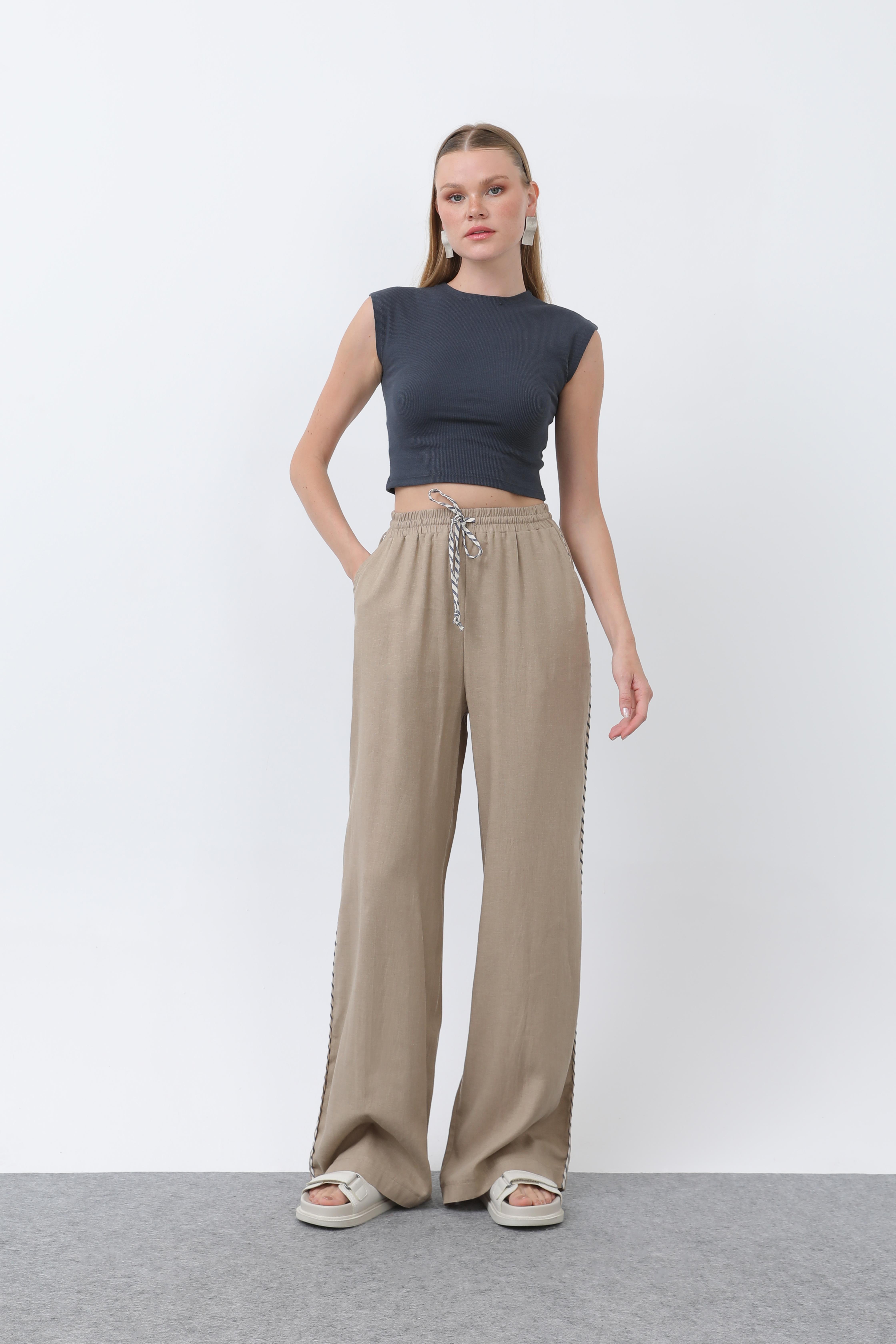 Kadın Yanları Şerit Detaylı Pantolon - MINK