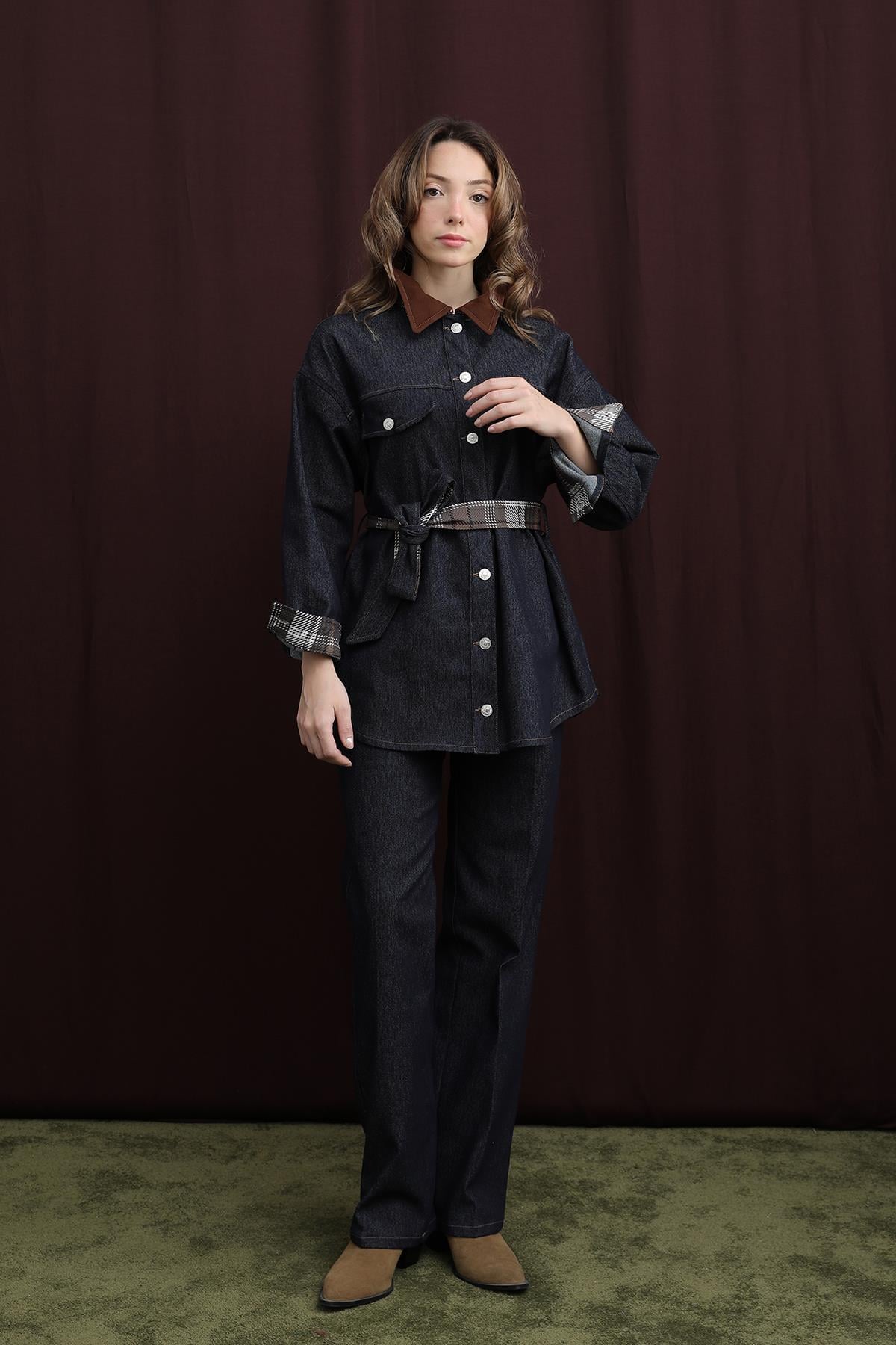 Kadın Ekose Detaylı Denim Ceket  -  32413CKT - NAVY