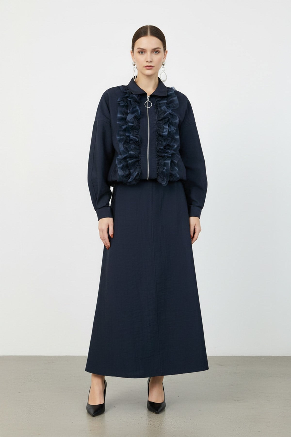 Kadın Fırfır ve Dantel Detaylı Fermuarlı Ceket Takım - 20707TKM - NAVY