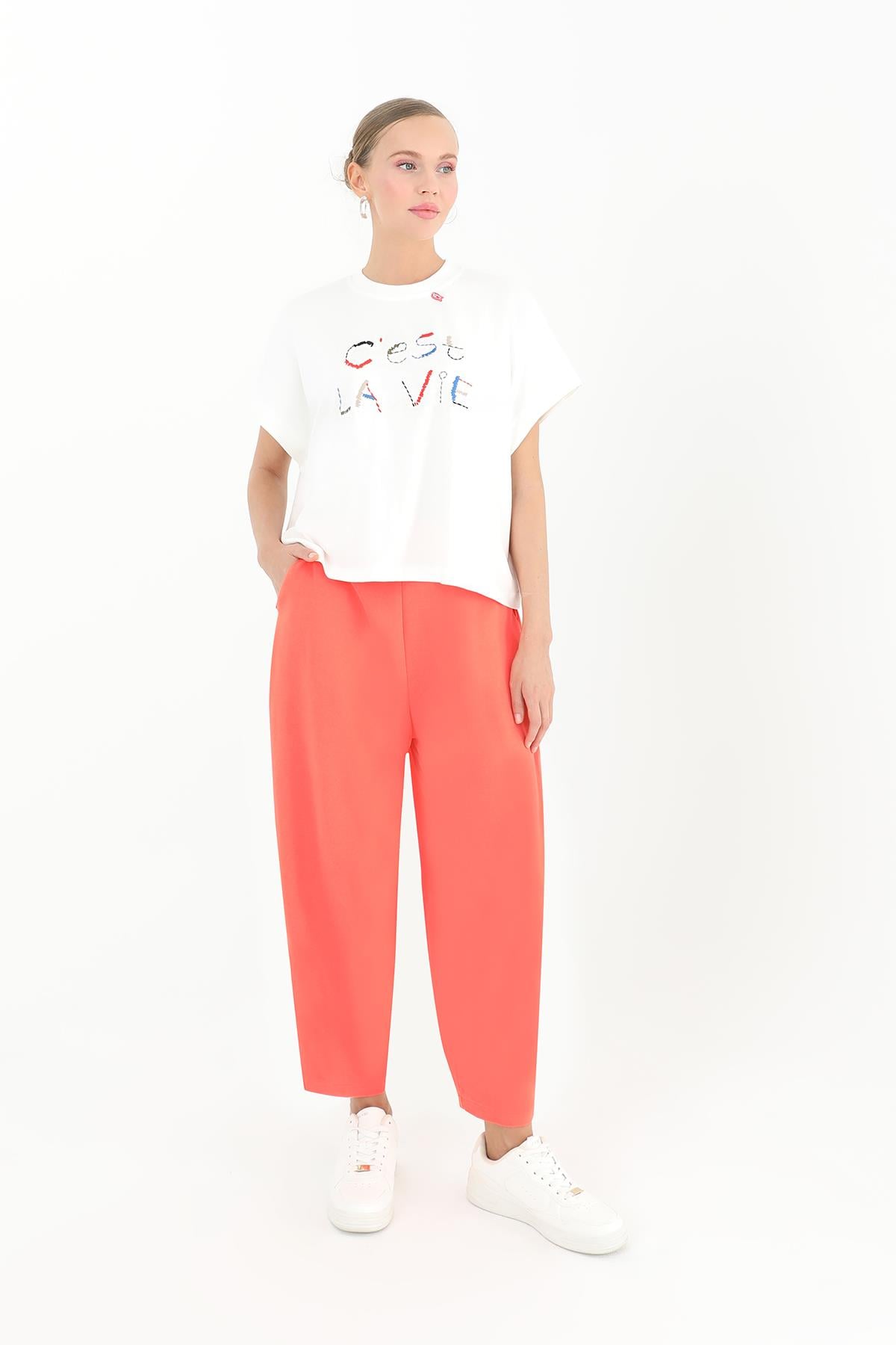 Kadın Linda Kumaş Şalvar Form Pantolon  - 18166PNT - CORAL