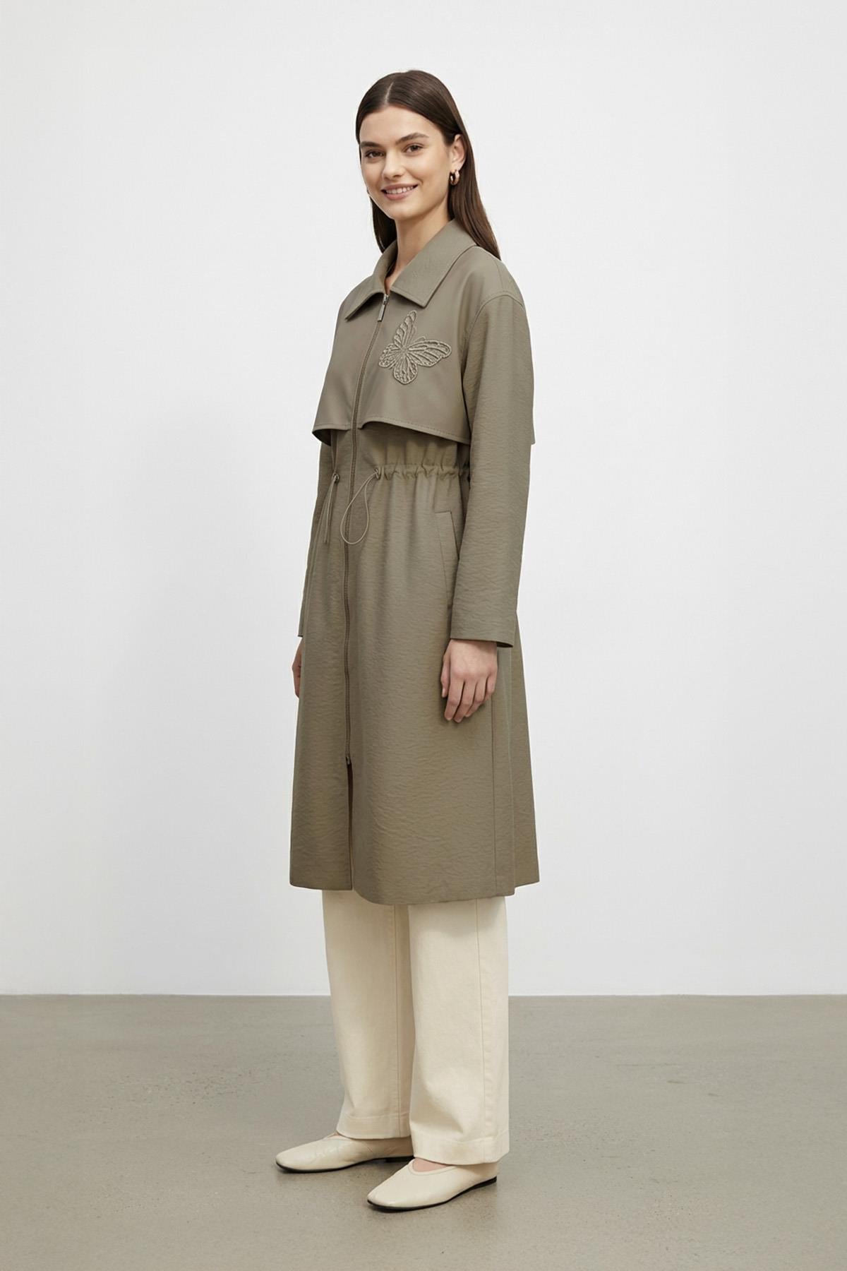 Kadın Fermuarlı Bel Büzgülü Uzun kap-15257 - DARK MINK