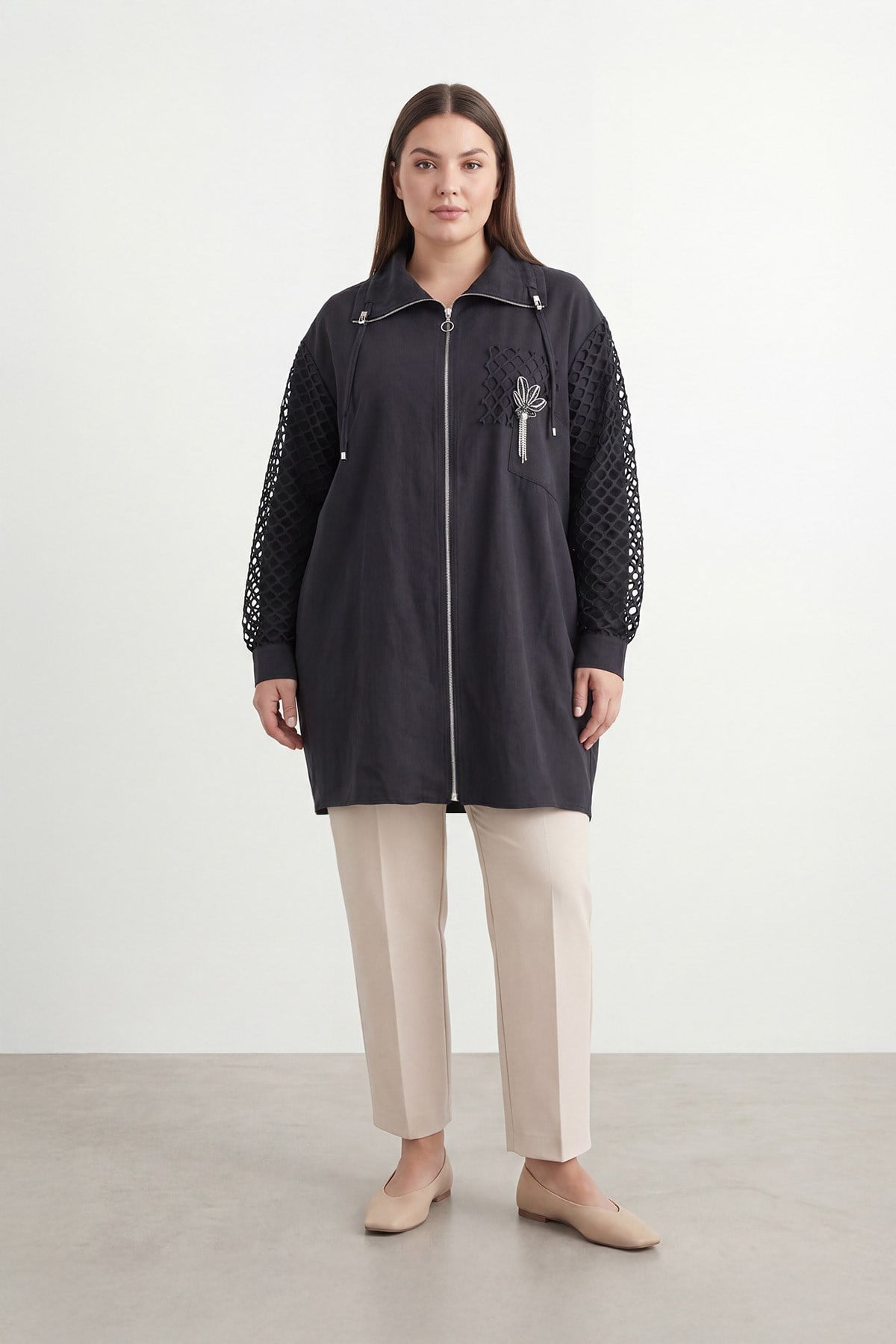 Kadın Fermuarlı File Kol Detaylı Büyük Beden Tunik – 19253TUN - BLACK