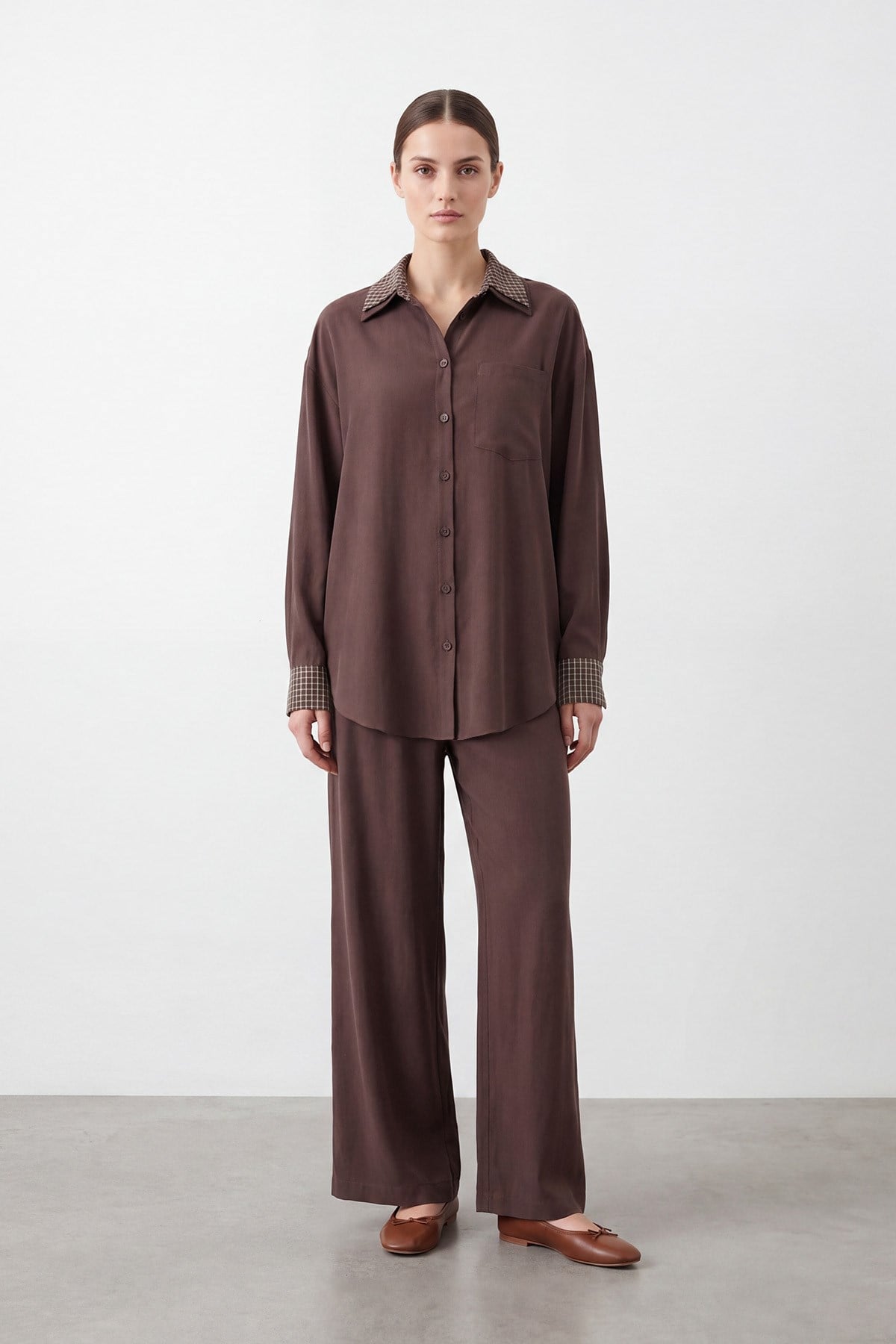 Kadın Garni Detaylı Gömlek Pantolon Takım - 26S-32491TKS - BROWN