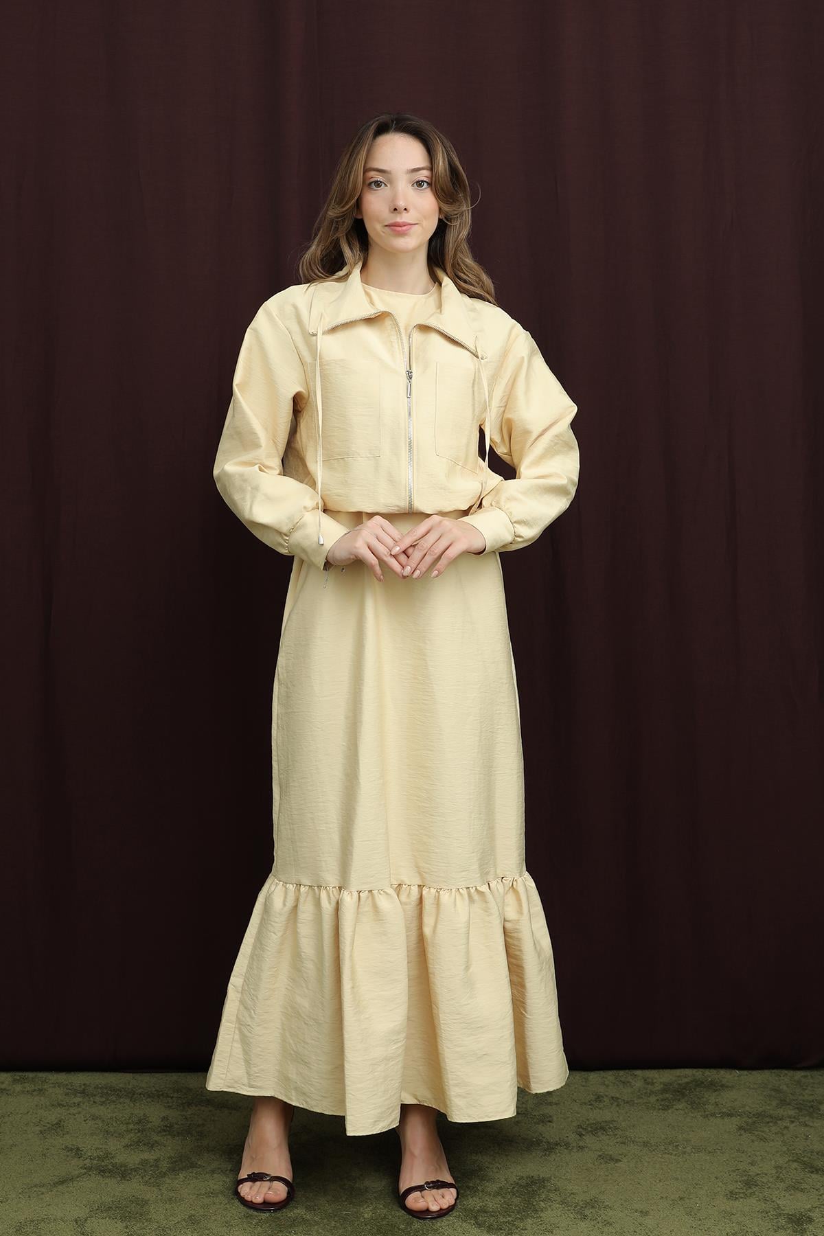 Kadın Crop Ceket Detaylı İkili Elbise - 12651TKS - YELLOW