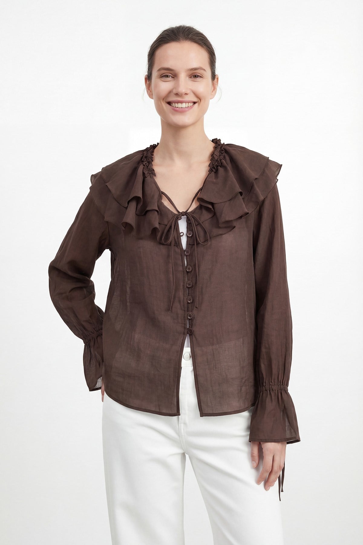 Kadın Fırfır Detaylı Bağcıklı Bluz Gömlek – 32501GML - BROWN
