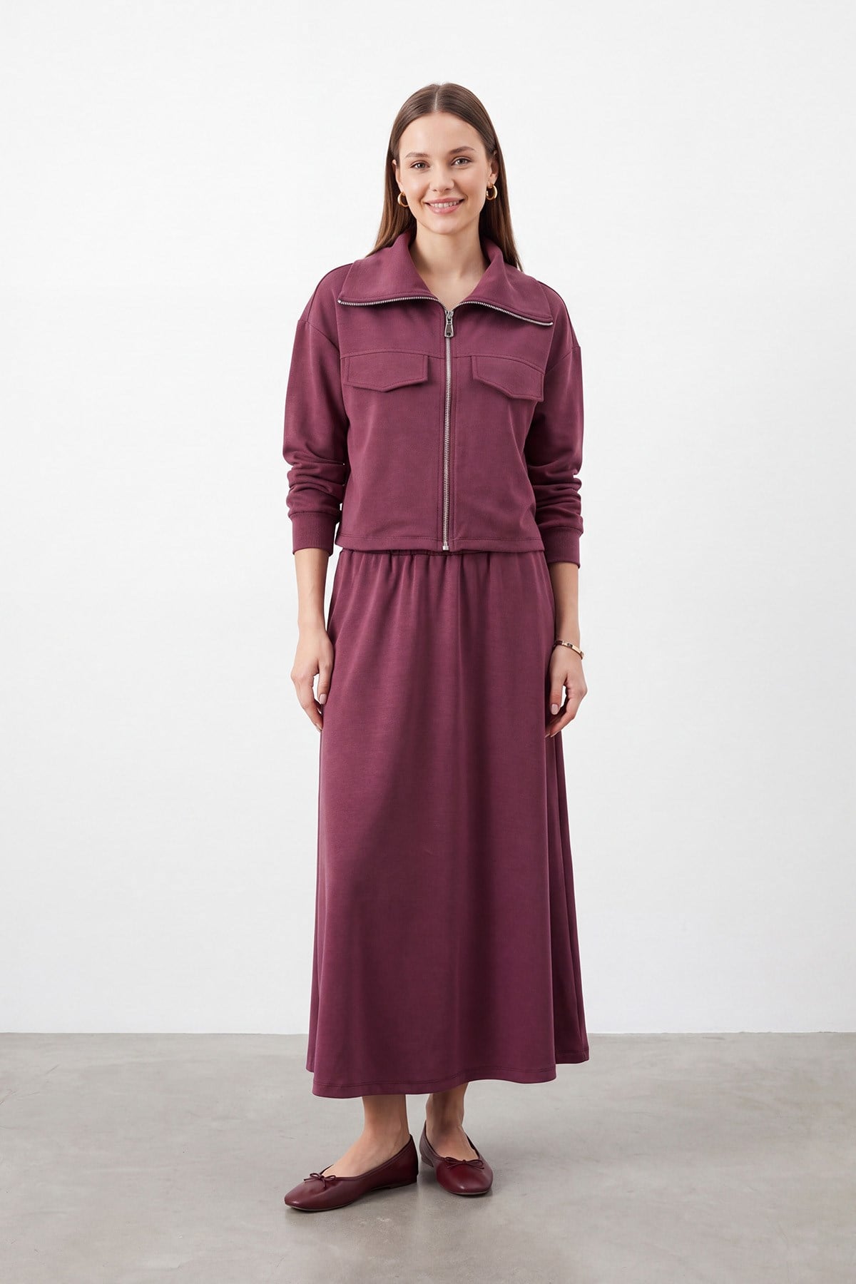 Kadın Gömlek Yaka Beli Lastikli Uzun Etekli Takım – 14440TKS - BURGUNDY