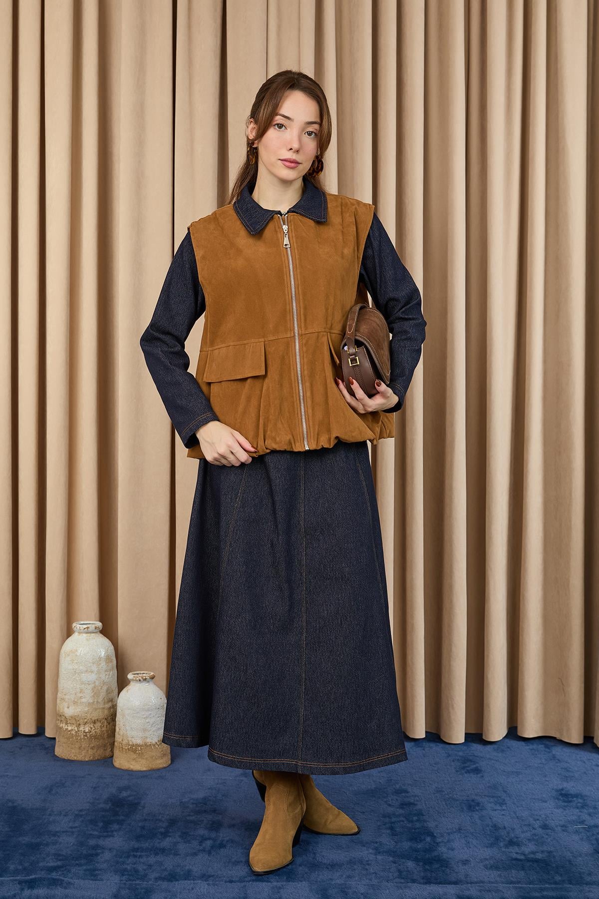 Kadın Cep Detaylı Süet Yelek  -  32404YLK - CAMEL