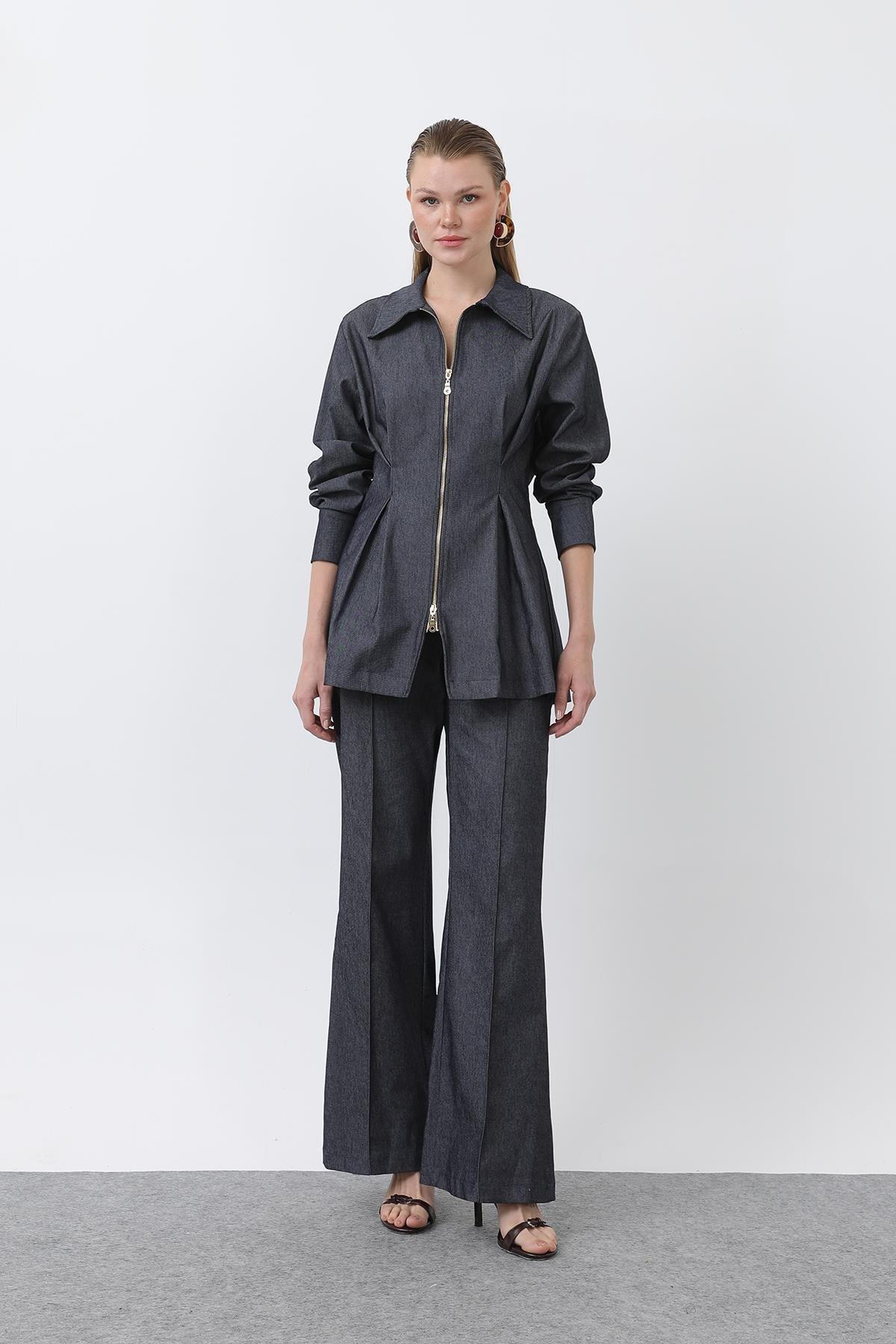 Kadın Gold Fermuar Detaylı Belden Pileli Gömlek Ve Pantolon Takım -20651TKS - NAVY