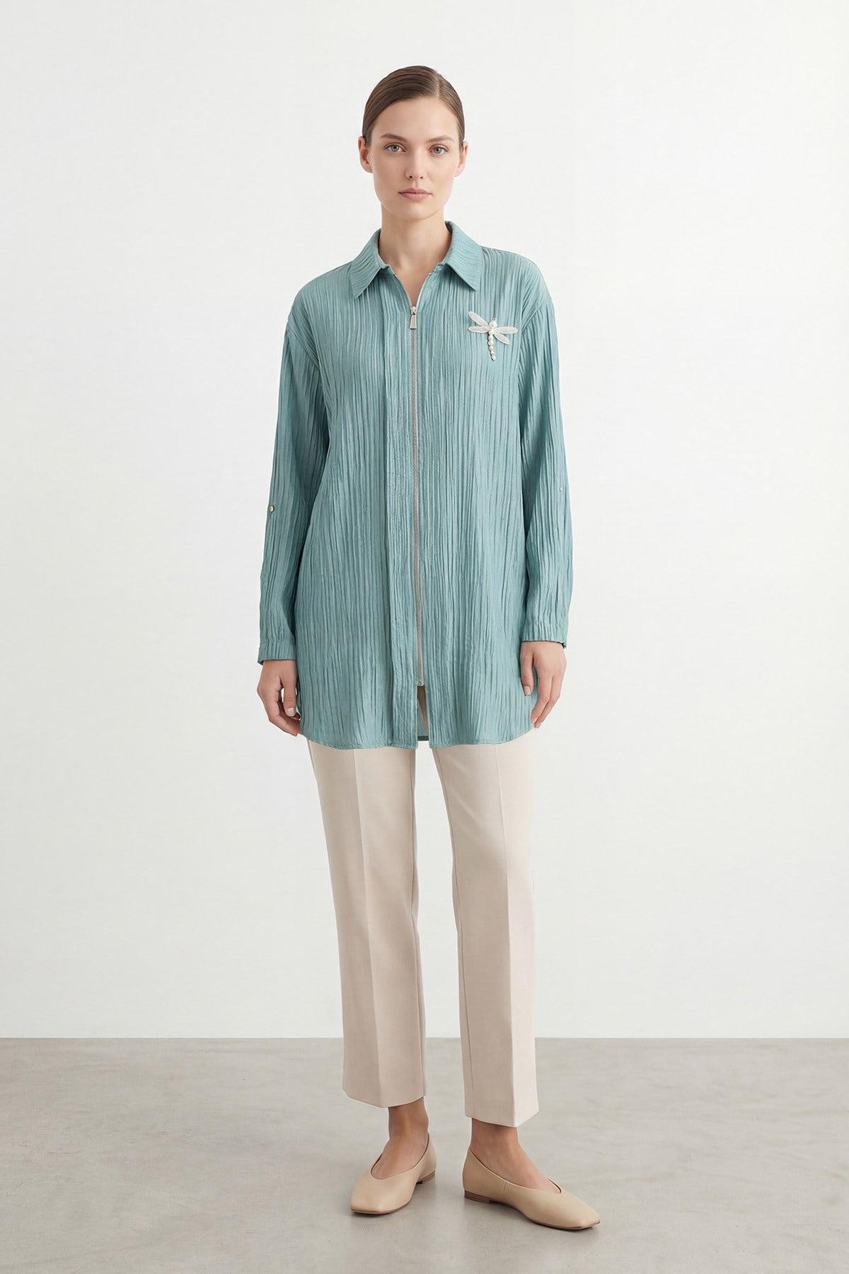 Kadın Pile Detaylı fermuarlı Tunik– 10775GML - MINT