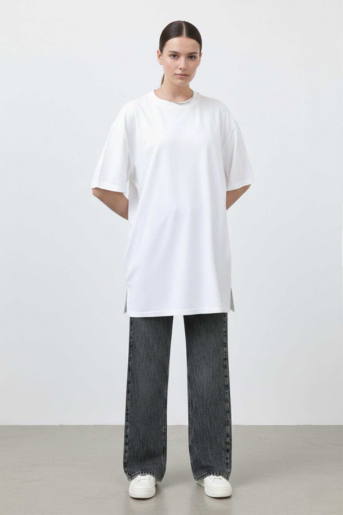 Kadın Uzun Bol Kesim Tshirt - 40009TSH - ECRU