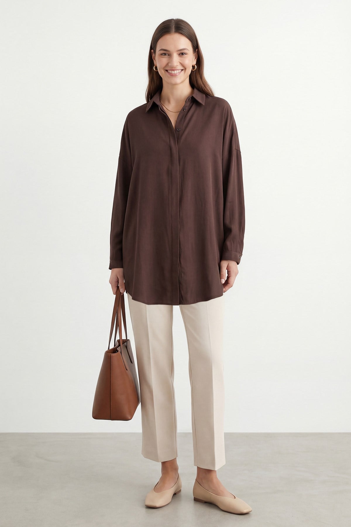 Kadın Rahat Kesim Uzun Gömlek – 10778GML - BROWN