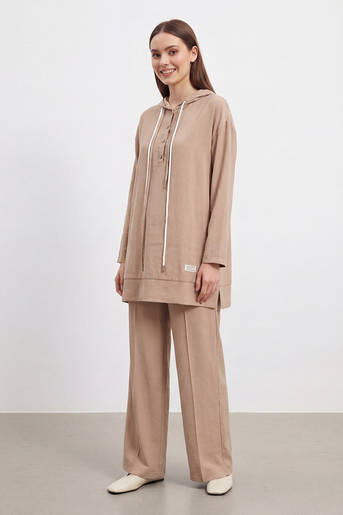 Kadın Önü Çıtçıt detaylı Kapüşonlu Pantolon Takım - 14328TKS - CAMEL