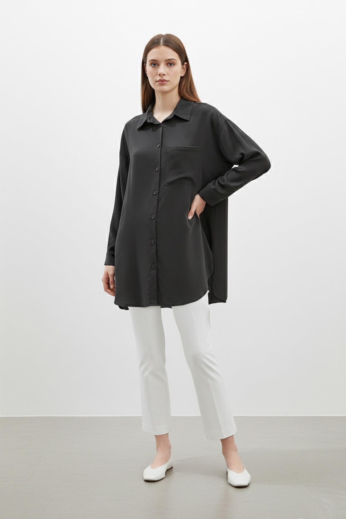 Kadın Cep Detaylı Basic Gömlek Tunik - 10677TUN - BLACK