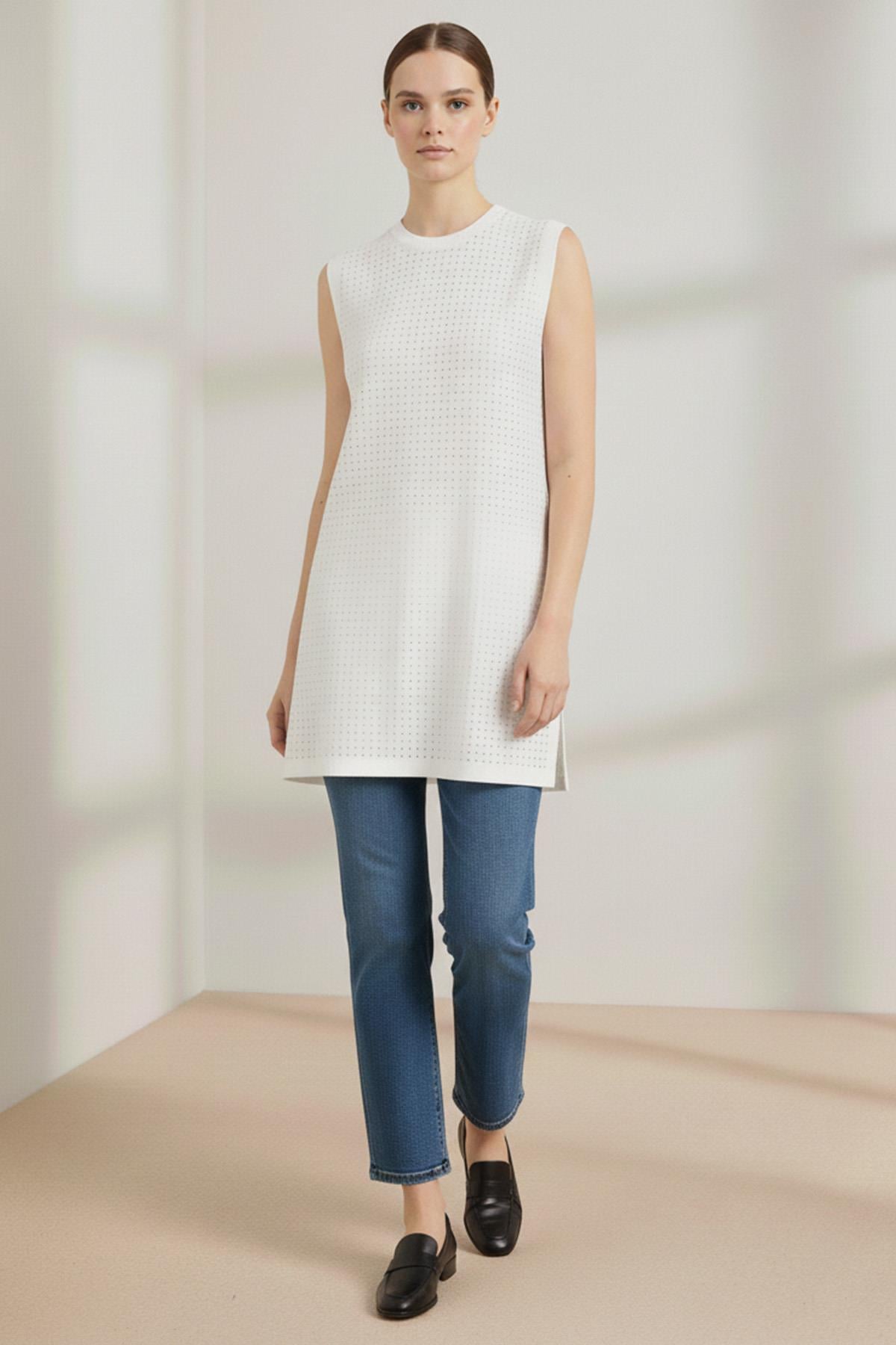 Kadın Sıfır Kol Taşlı Tunik -24S-10525TUN - ECRU