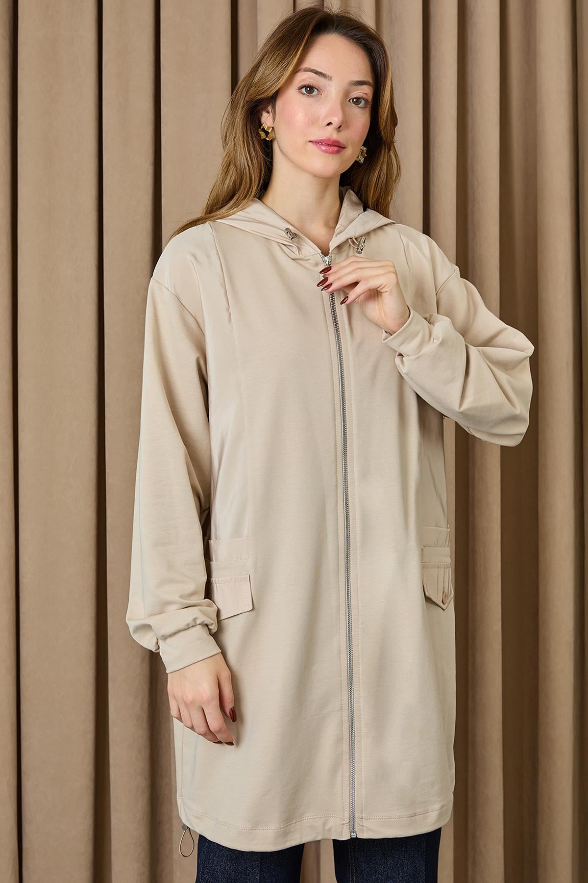 Kadın Kapüşonlu Basic Tunik - 10733TUN - DARK BEIGE