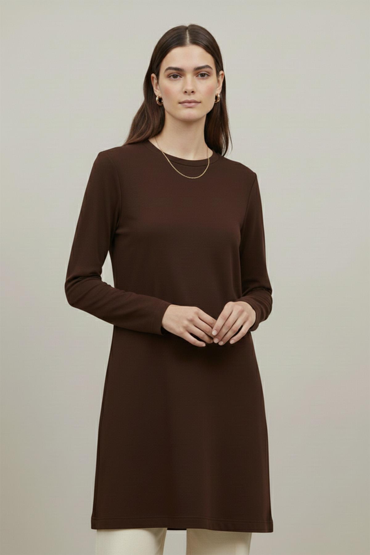 Kadın Düz Kesim Uzun Kollu Tunik - 40021TUN - BROWN