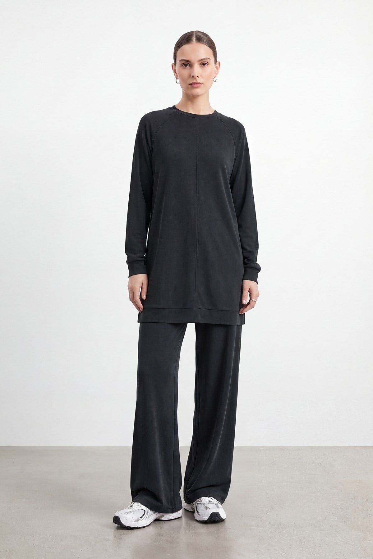 Kadın Bisiklet Yaka Rahat Kesim Tunik Pantolon Takım – 14426TKS - BLACK