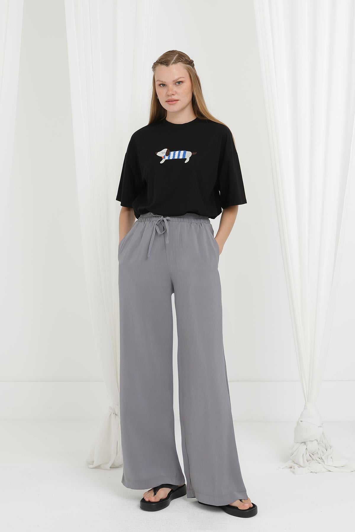 Kadın Beli Lastikli Bağlamalı Bol Pantolon - 20646PNT - GREY