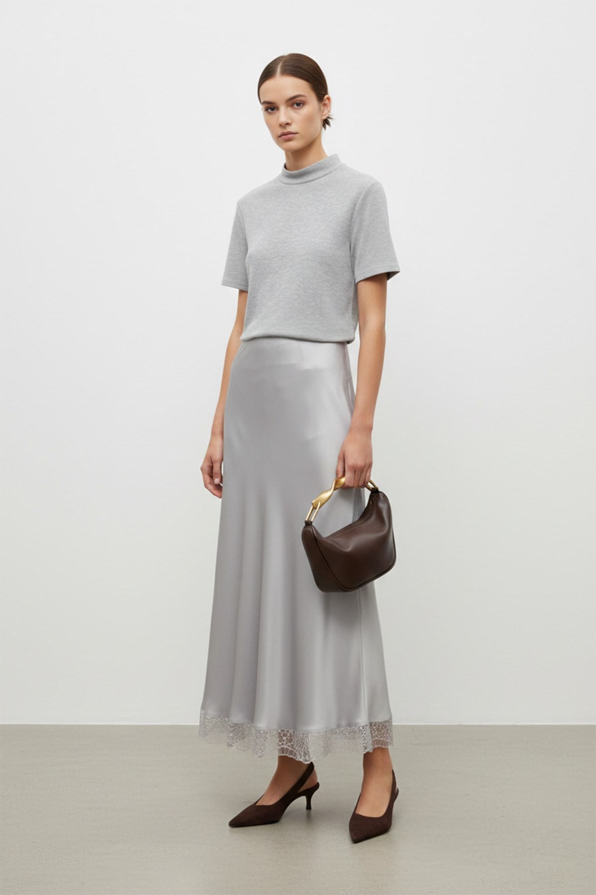 Saten Dantel Detaylı Uzun Etek-20729 - GREY