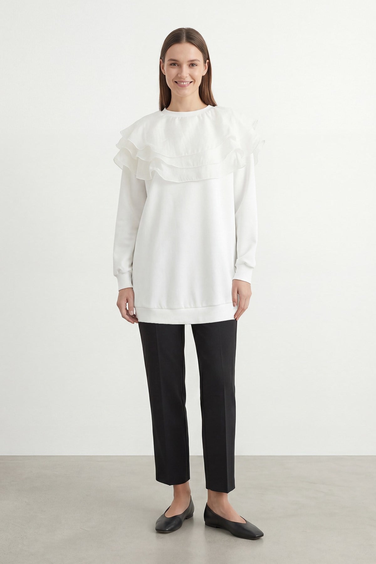 Kadın Katmanlı Fırfır Detaylı Uzun Tunik – 10770TUN - ECRU