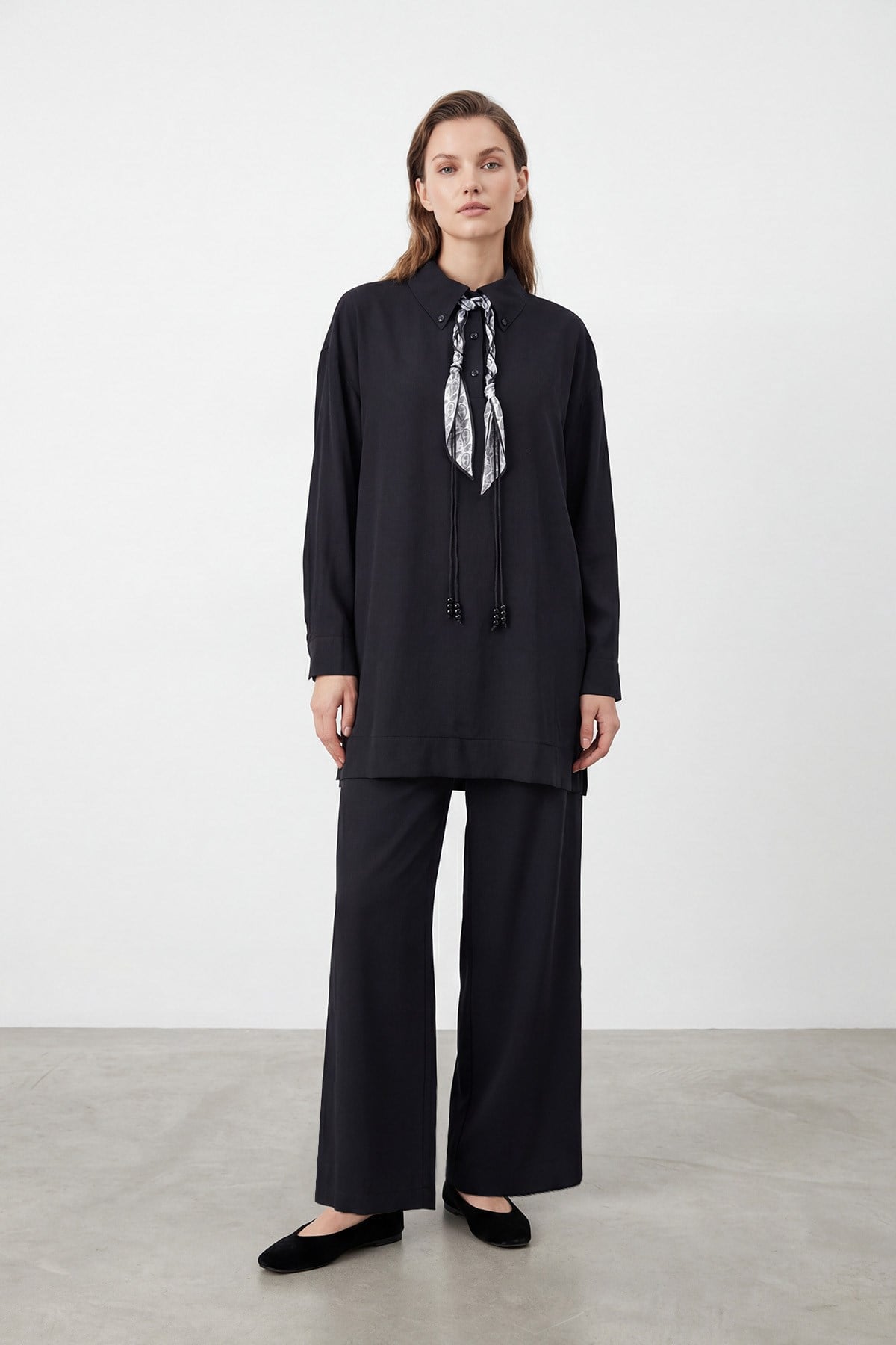 Kadın Fular Detaylı Tunik Pantolon Takım – 14478TKS - BLACK
