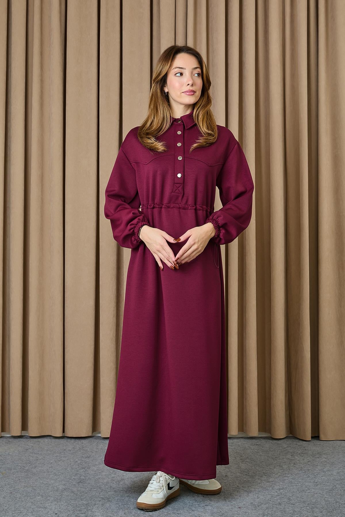 Kadın Beli Tünelli Çıtçıt Detaylı Elbise - 12655ELB - BURGUNDY